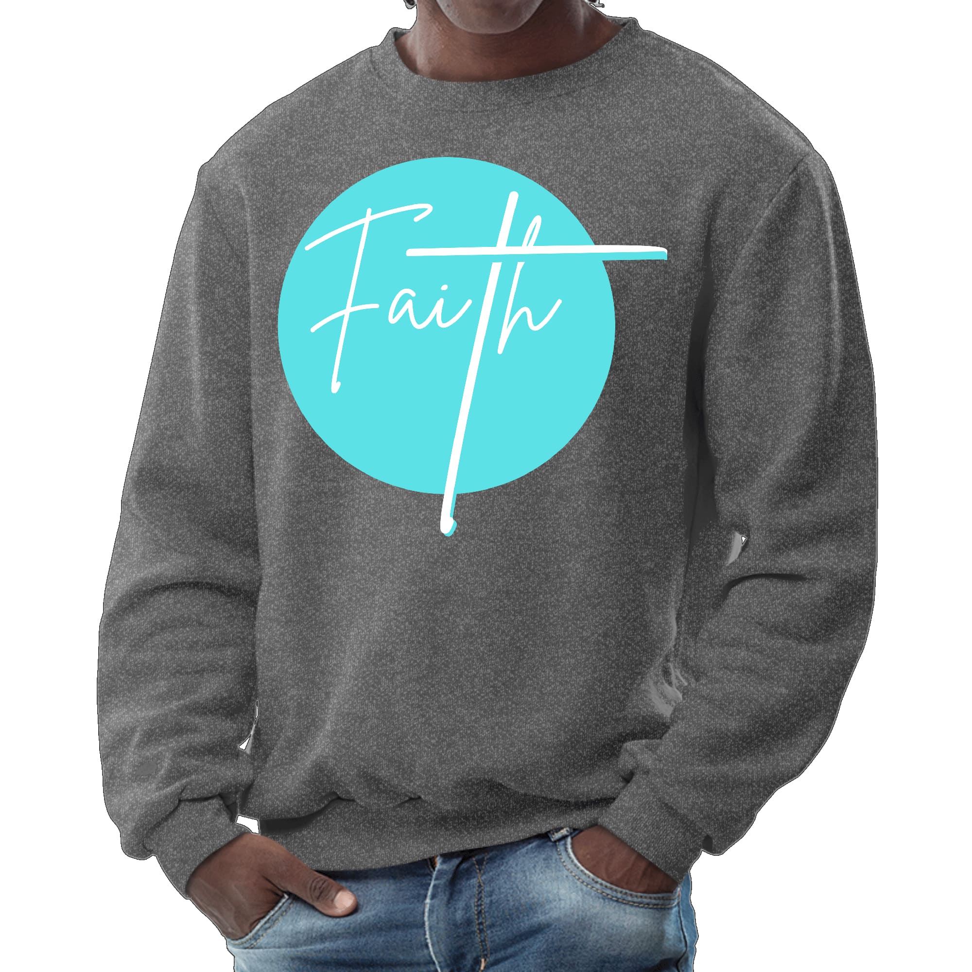 Men's cyan blue graphic sweatshirt with Christian affirmation design, featuring long sleeves and ribbed collar.