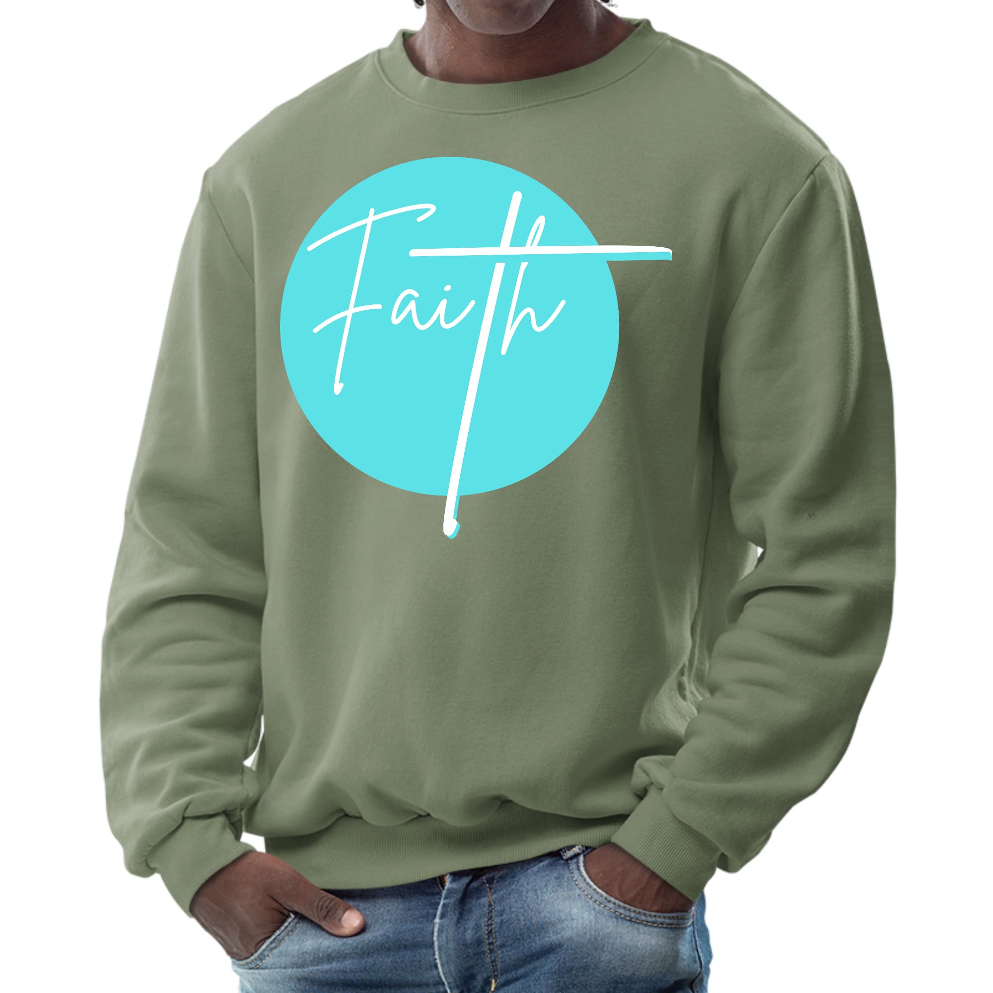 Men's cyan blue graphic sweatshirt with Christian affirmation design, featuring long sleeves and ribbed collar.