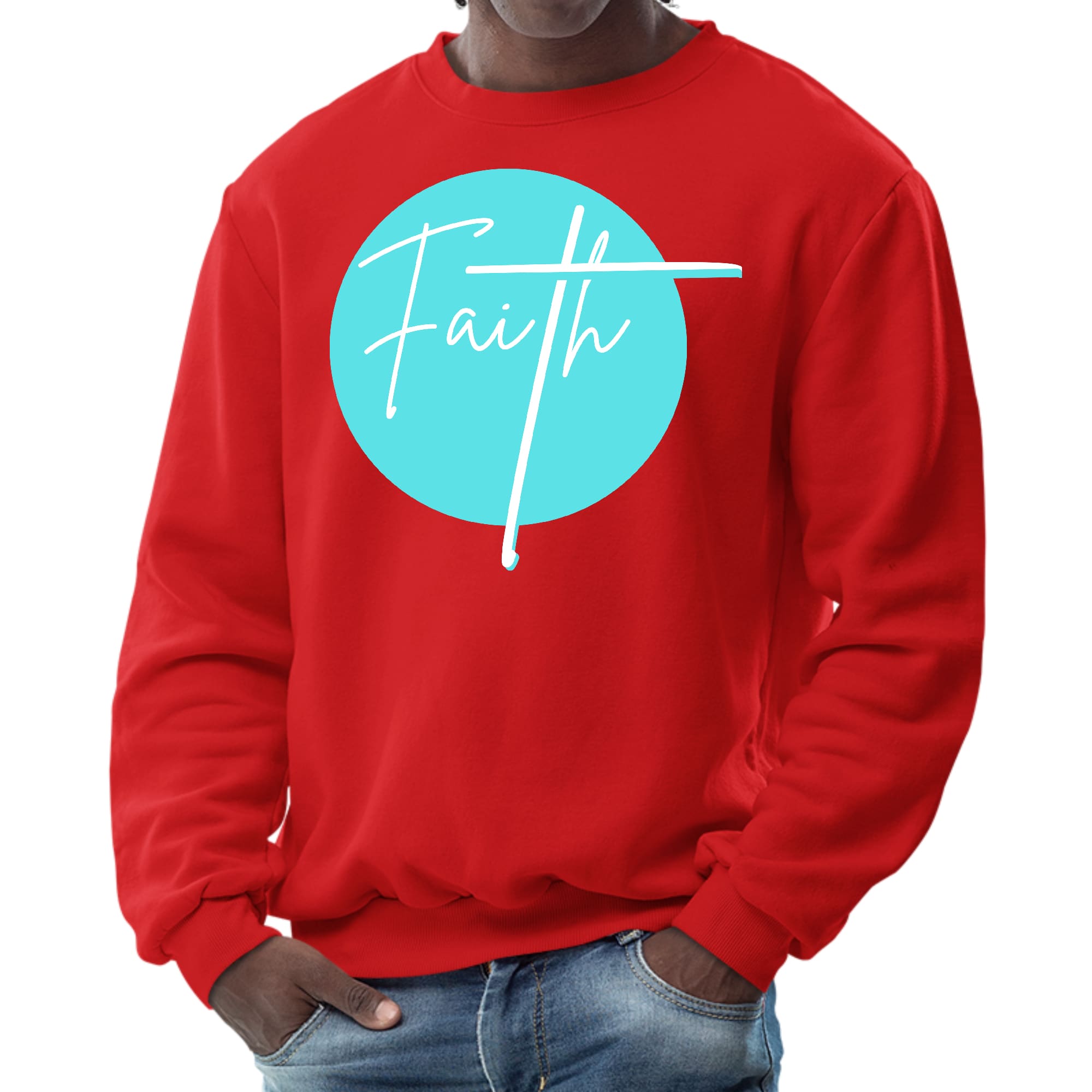 Men's cyan blue graphic sweatshirt with Christian affirmation design, featuring long sleeves and ribbed collar.