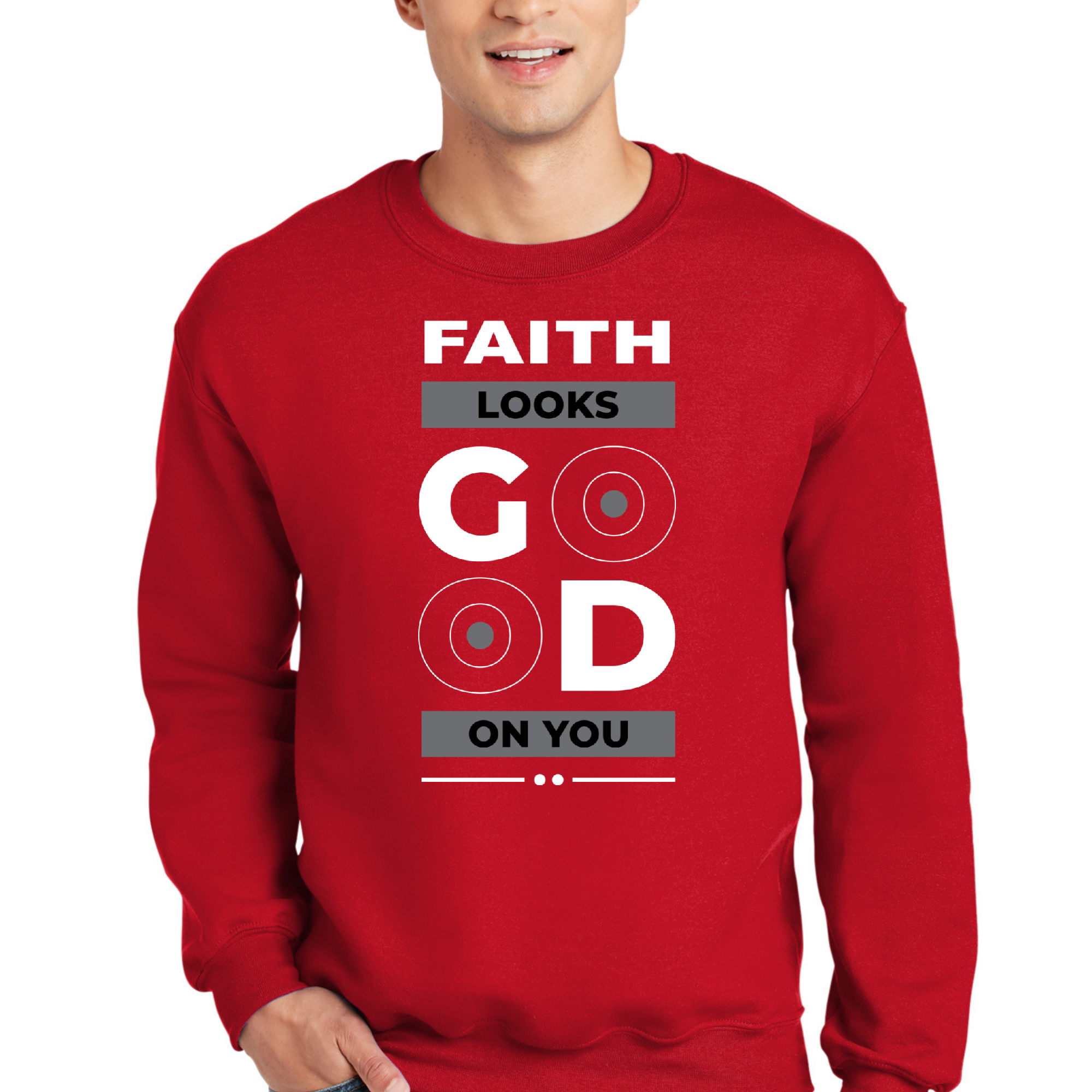 Men's Graphic Sweatshirt featuring the phrase 'Faith Looks Good' in a stylish design, showcasing a comfortable fit and durable fabric.