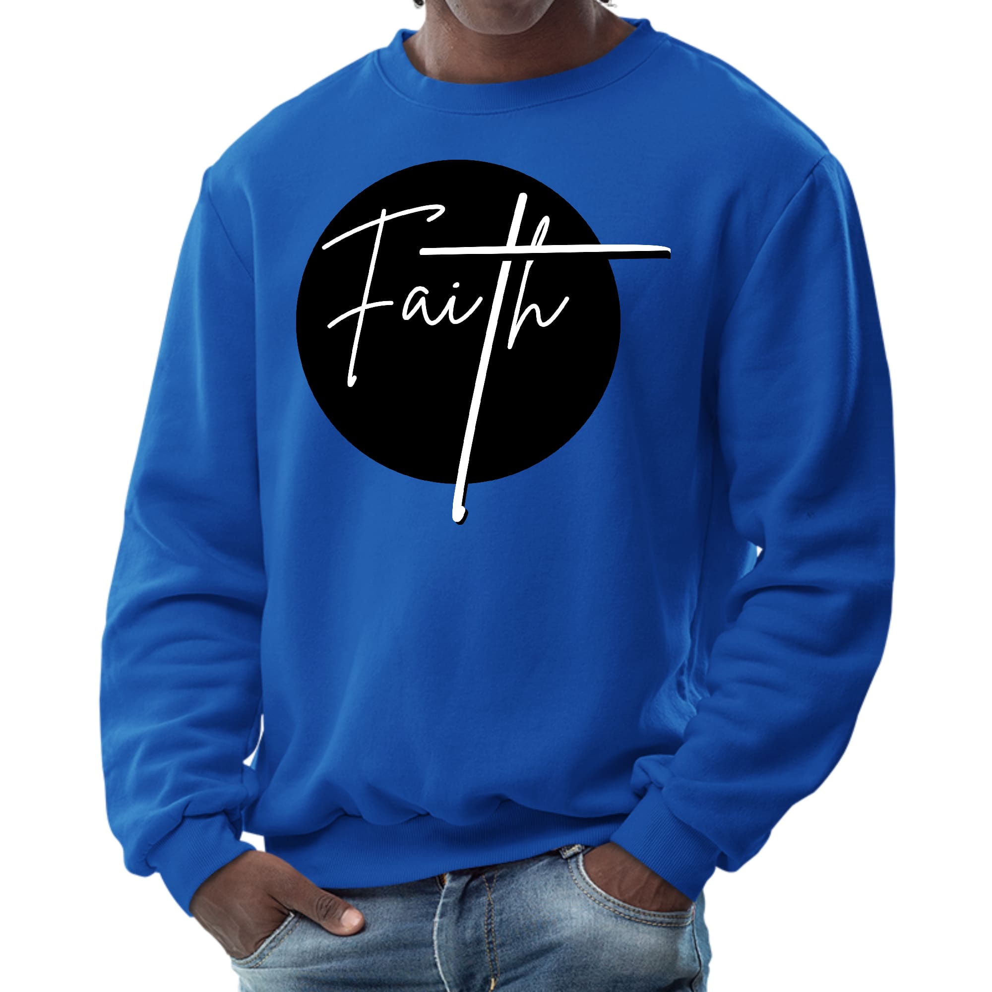 Men's graphic sweatshirt in black and white featuring a Faith print, designed for comfort and durability.