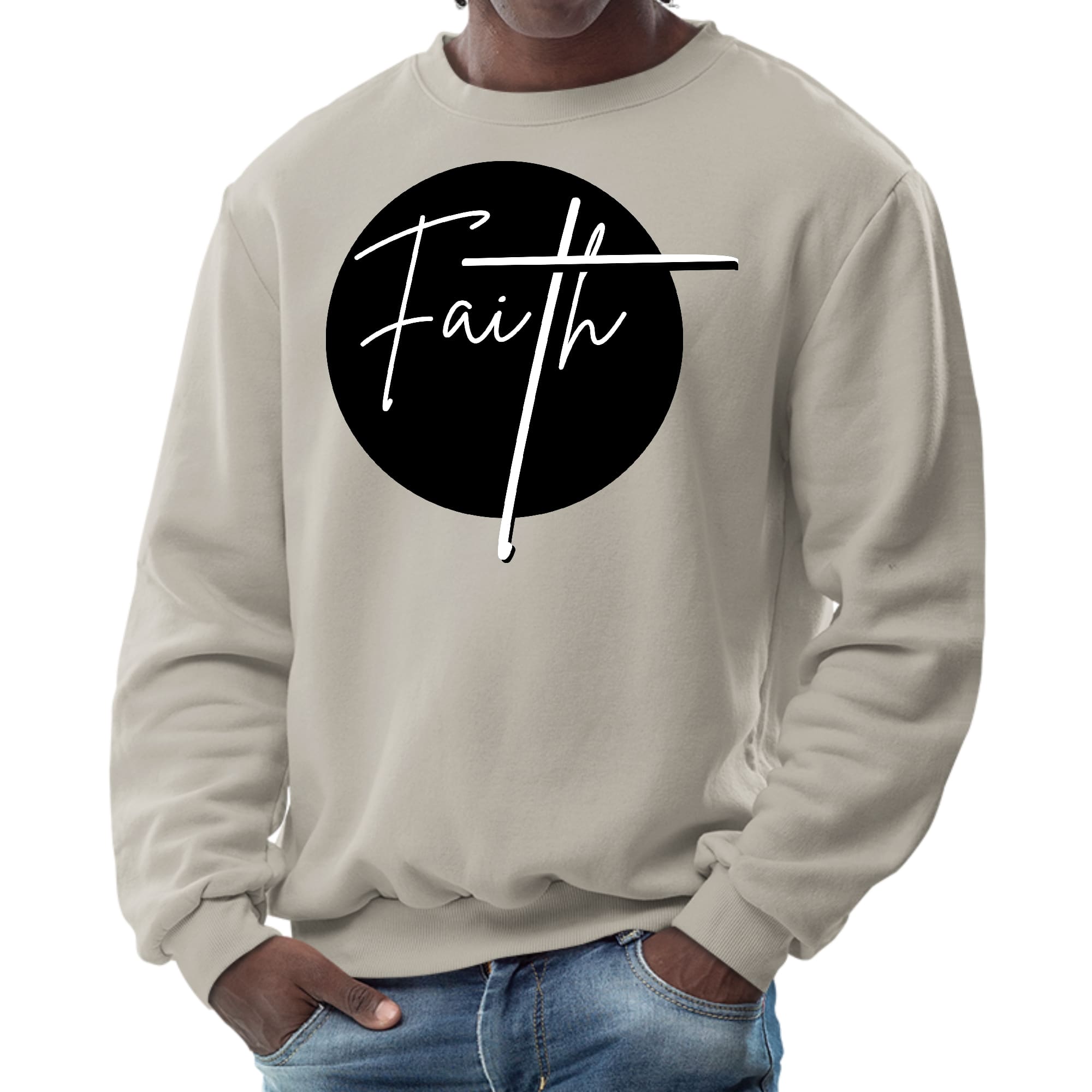 Men's graphic sweatshirt in black and white featuring a Faith print, designed for comfort and durability.