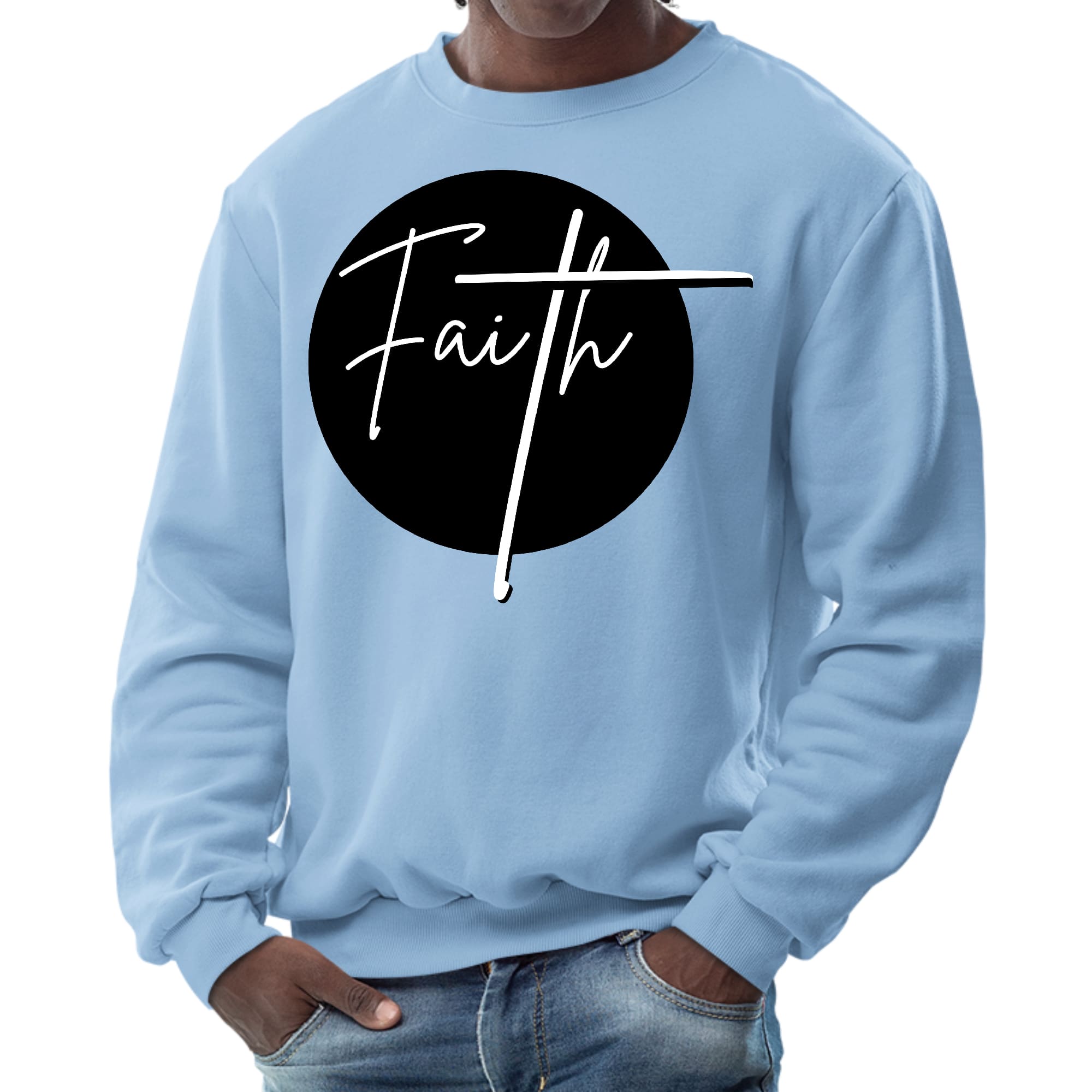 Men's graphic sweatshirt in black and white featuring a Faith print, designed for comfort and durability.