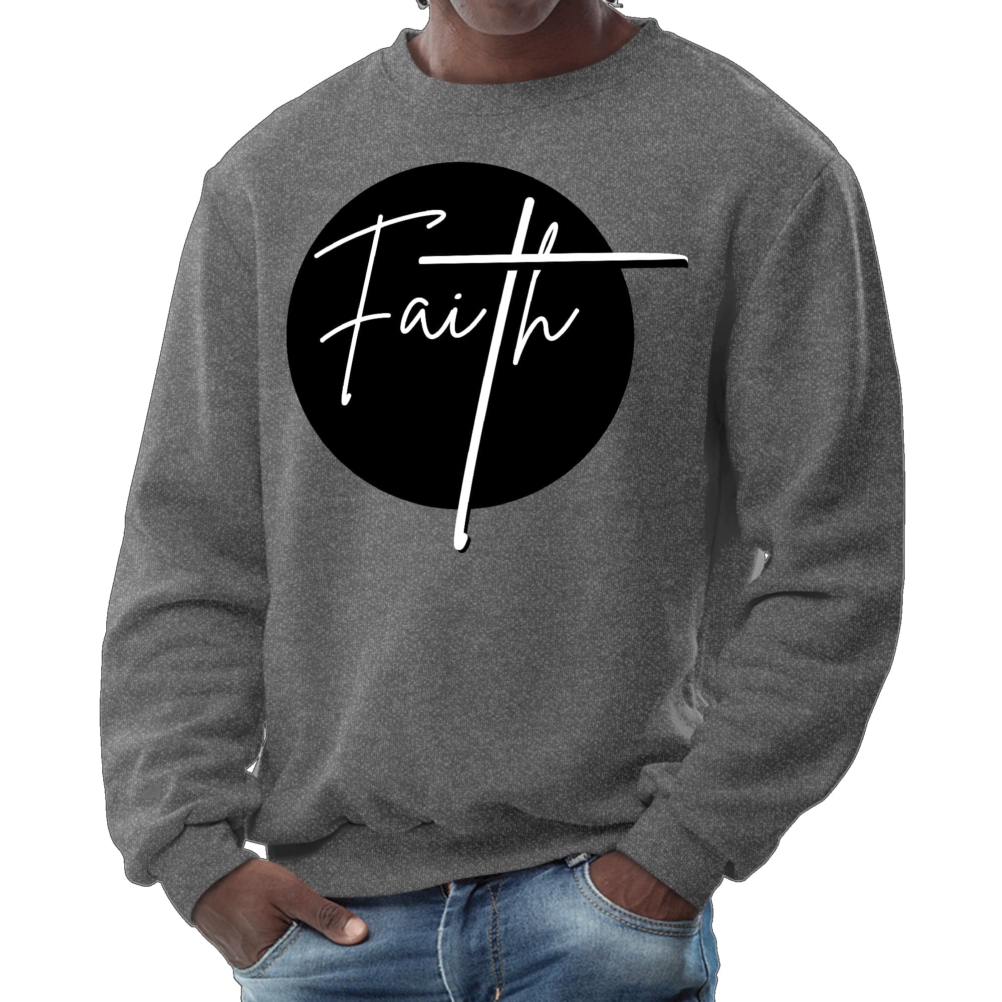 Men's graphic sweatshirt in black and white featuring a Faith print, designed for comfort and durability.