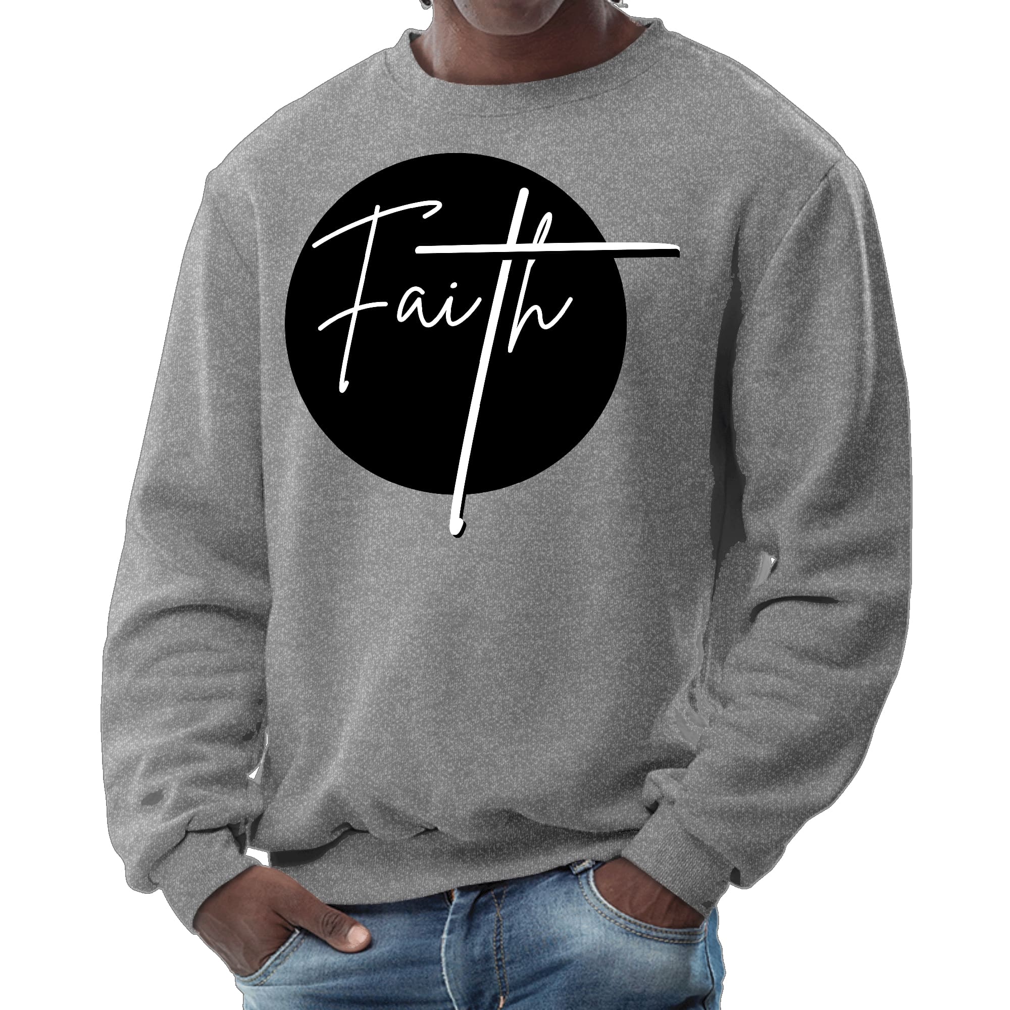 Men's graphic sweatshirt in black and white featuring a Faith print, designed for comfort and durability.