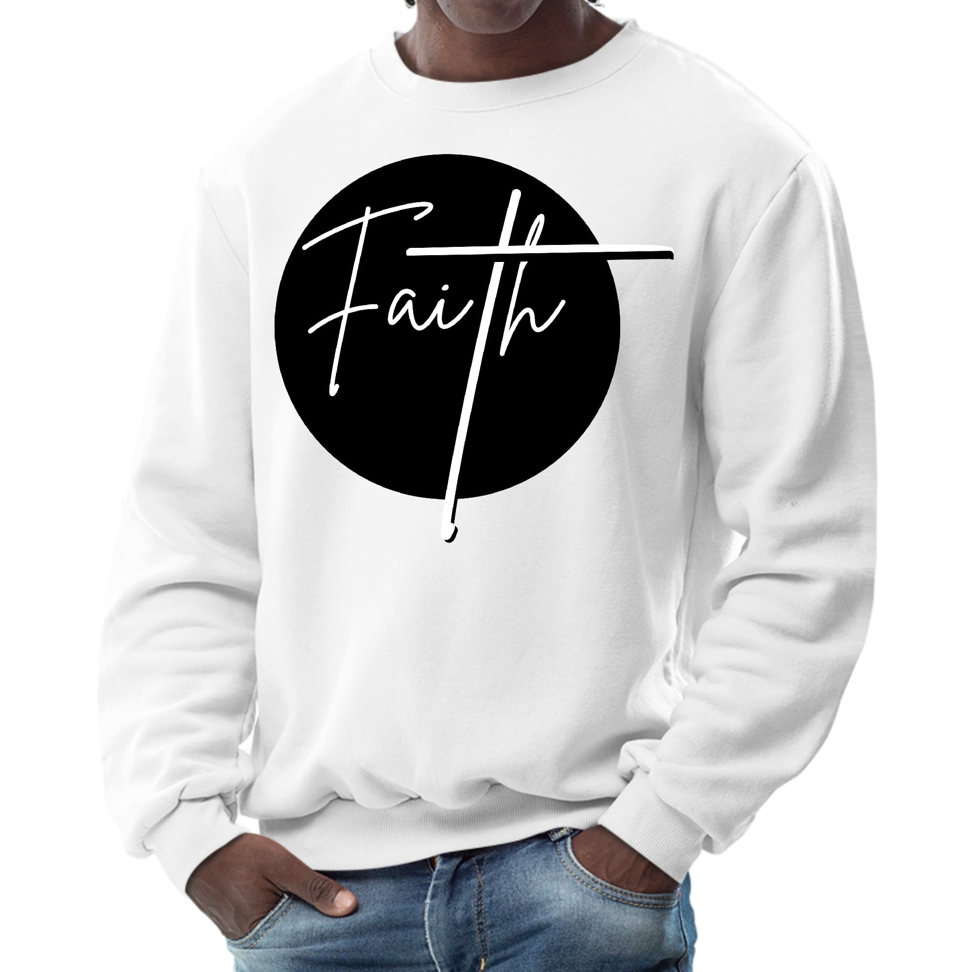 Men's graphic sweatshirt in black and white featuring a Faith print, designed for comfort and durability.