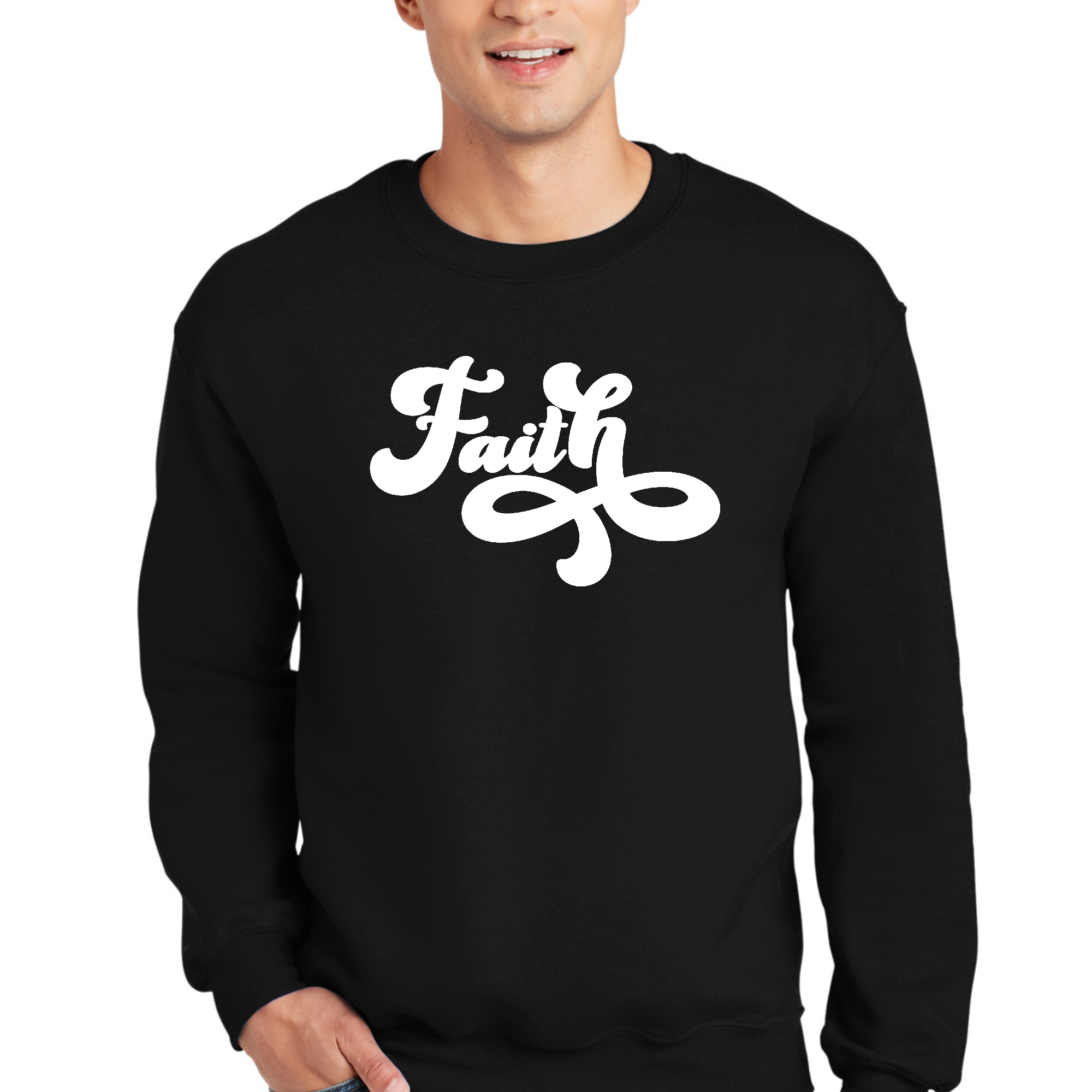 Men's Graphic Sweatshirt with Faith Script illustration, showcasing a comfortable long sleeve design and ribbed collar.