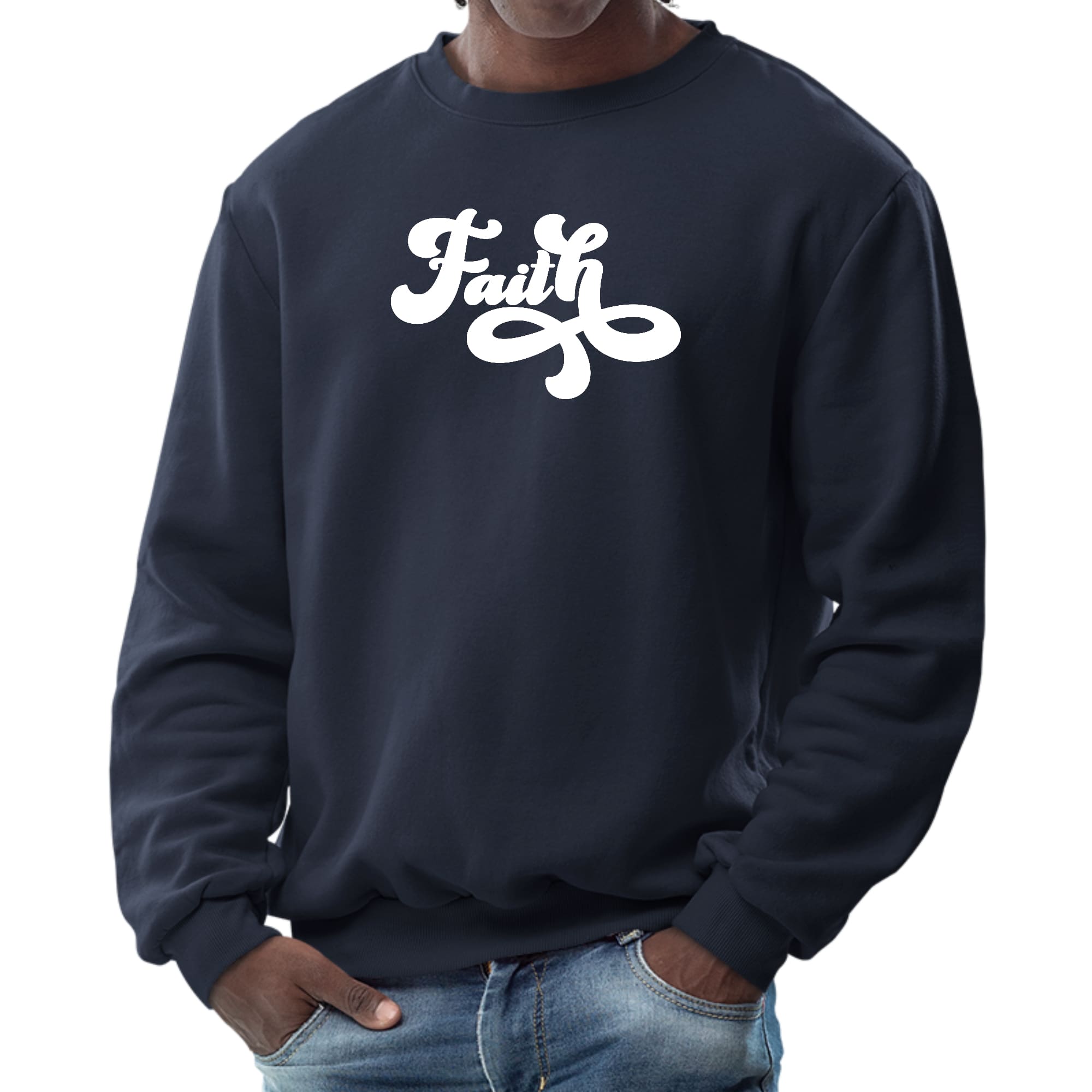 Men's Graphic Sweatshirt with Faith Script illustration, showcasing a comfortable long sleeve design and ribbed collar.