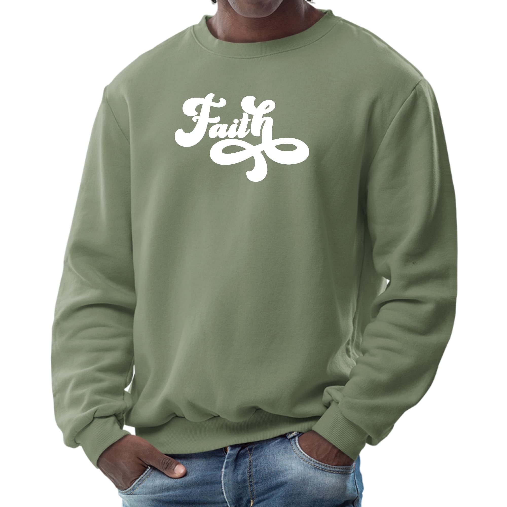 Men's Graphic Sweatshirt with Faith Script illustration, showcasing a comfortable long sleeve design and ribbed collar.