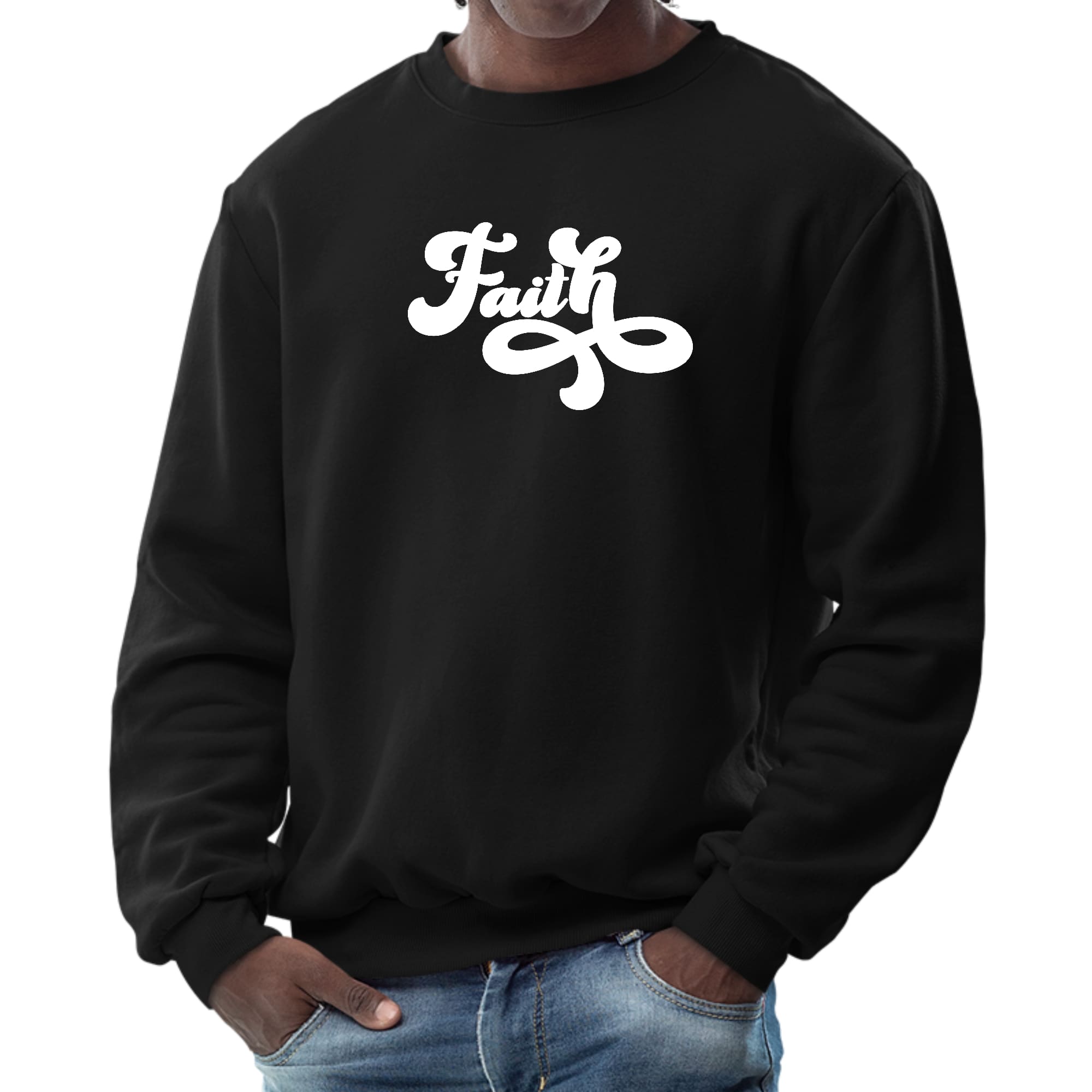 Men's Graphic Sweatshirt with Faith Script illustration, showcasing a comfortable long sleeve design and ribbed collar.