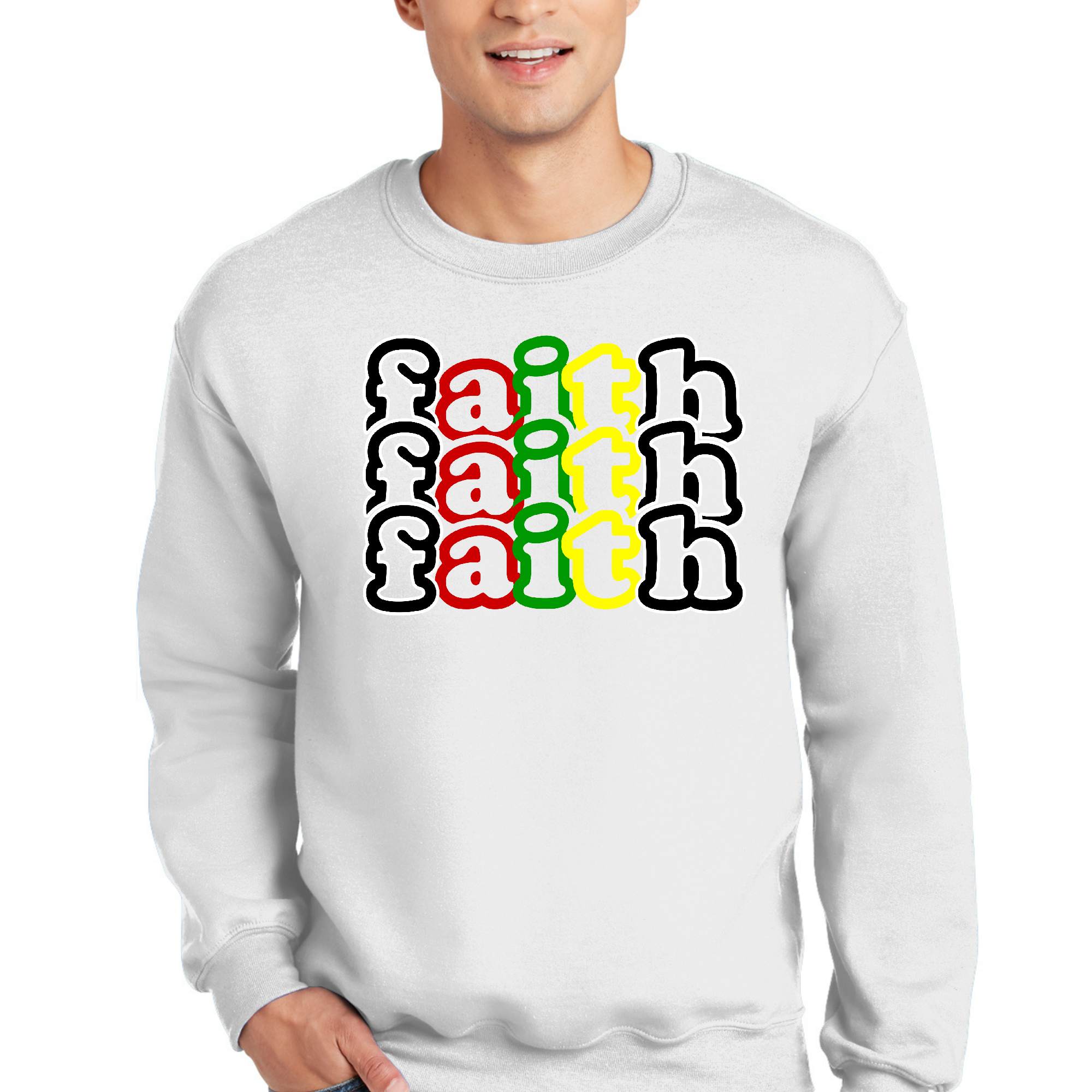 Men's Graphic Sweatshirt featuring a Faith Stack Multicolor Black Illustration, showcasing a comfortable crewneck design.