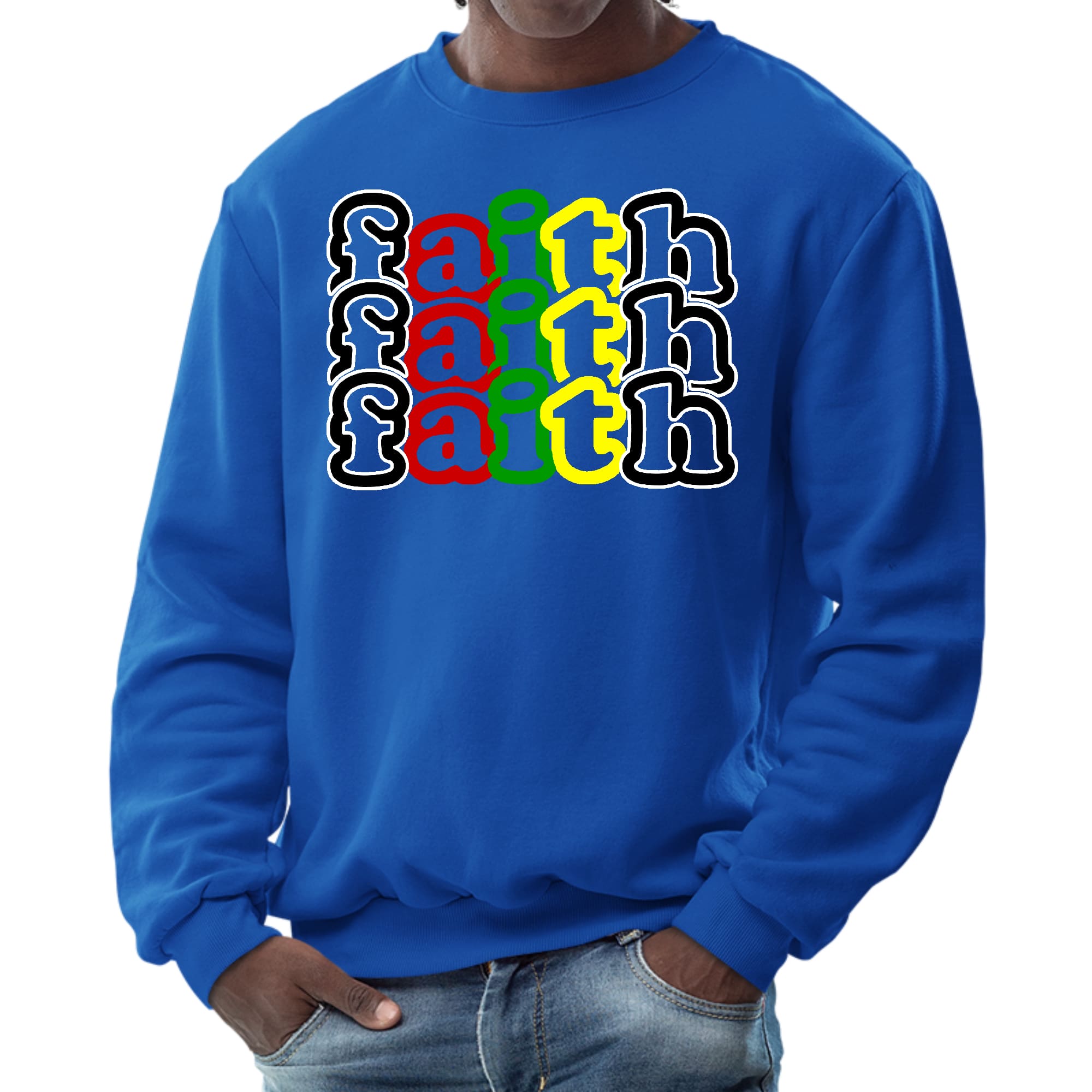 Men's Graphic Sweatshirt featuring a Faith Stack Multicolor Black Illustration, showcasing a comfortable crewneck design.