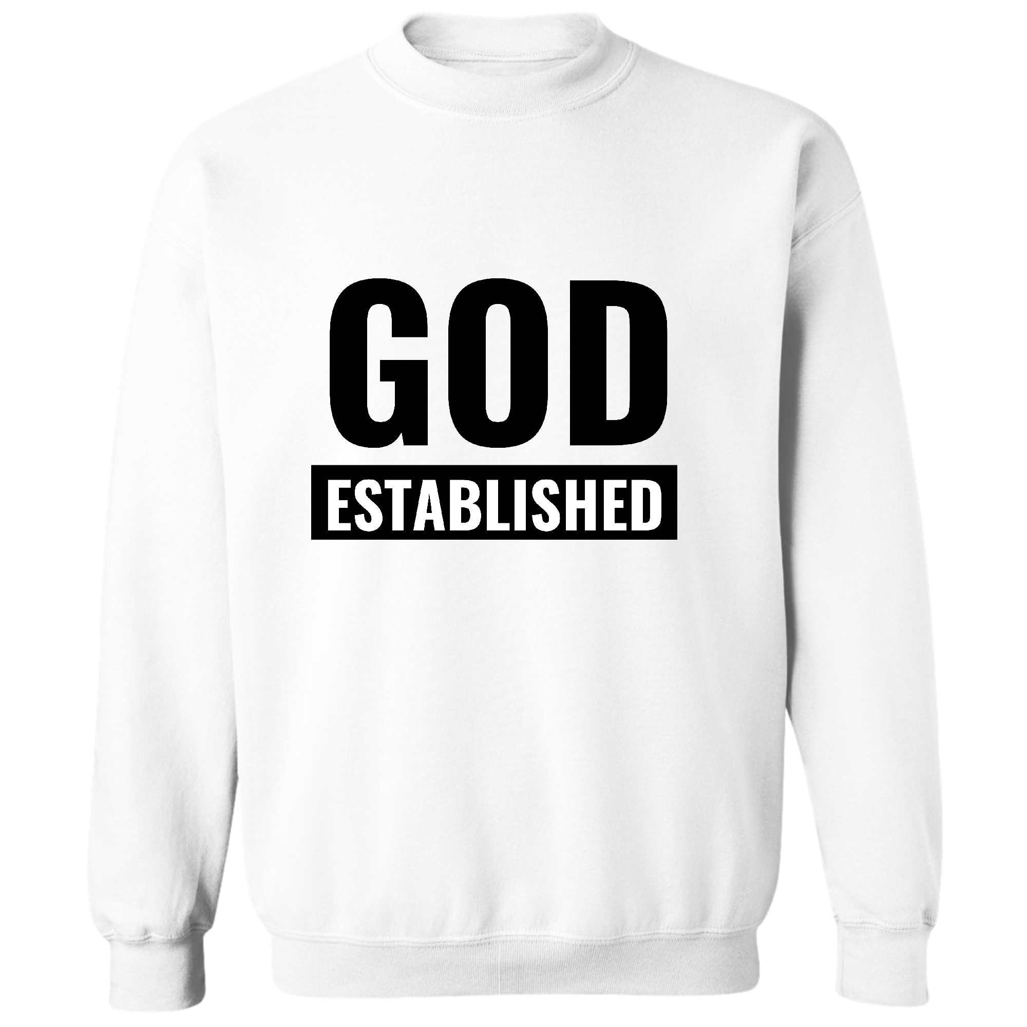 Men's Graphic Sweatshirt featuring God Established black illustration, long sleeve crewneck design, and ribbed collar.