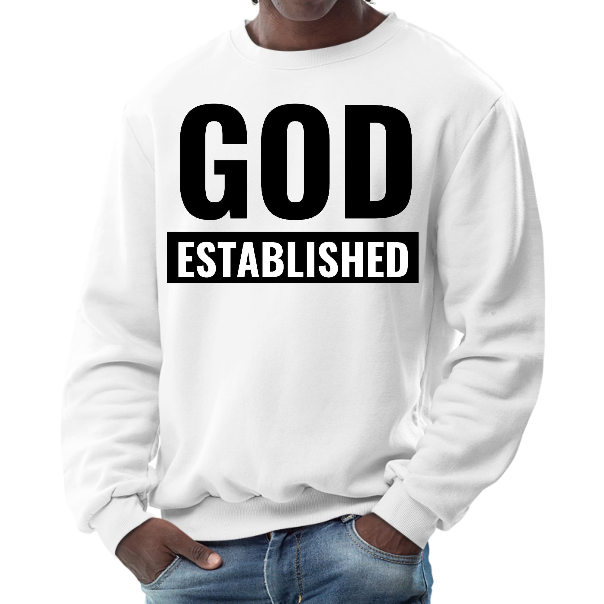 Men's Graphic Sweatshirt featuring God Established black illustration, long sleeve crewneck design, and ribbed collar.