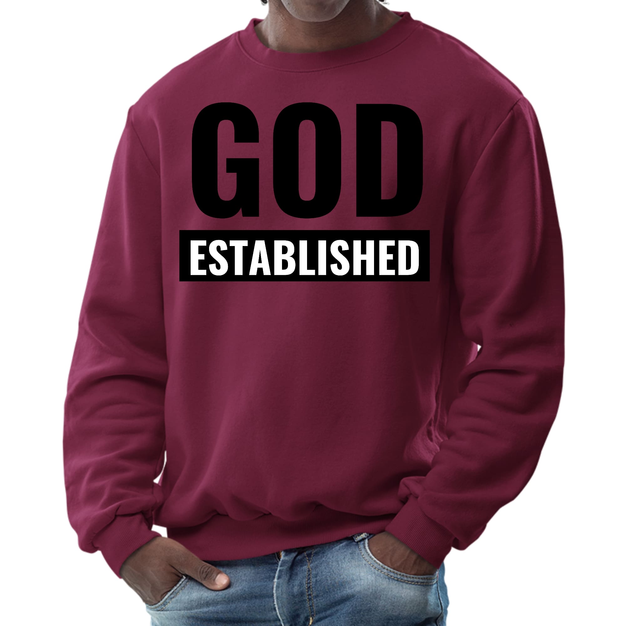 Men's Graphic Sweatshirt featuring God Established black illustration, long sleeve crewneck design, and ribbed collar.