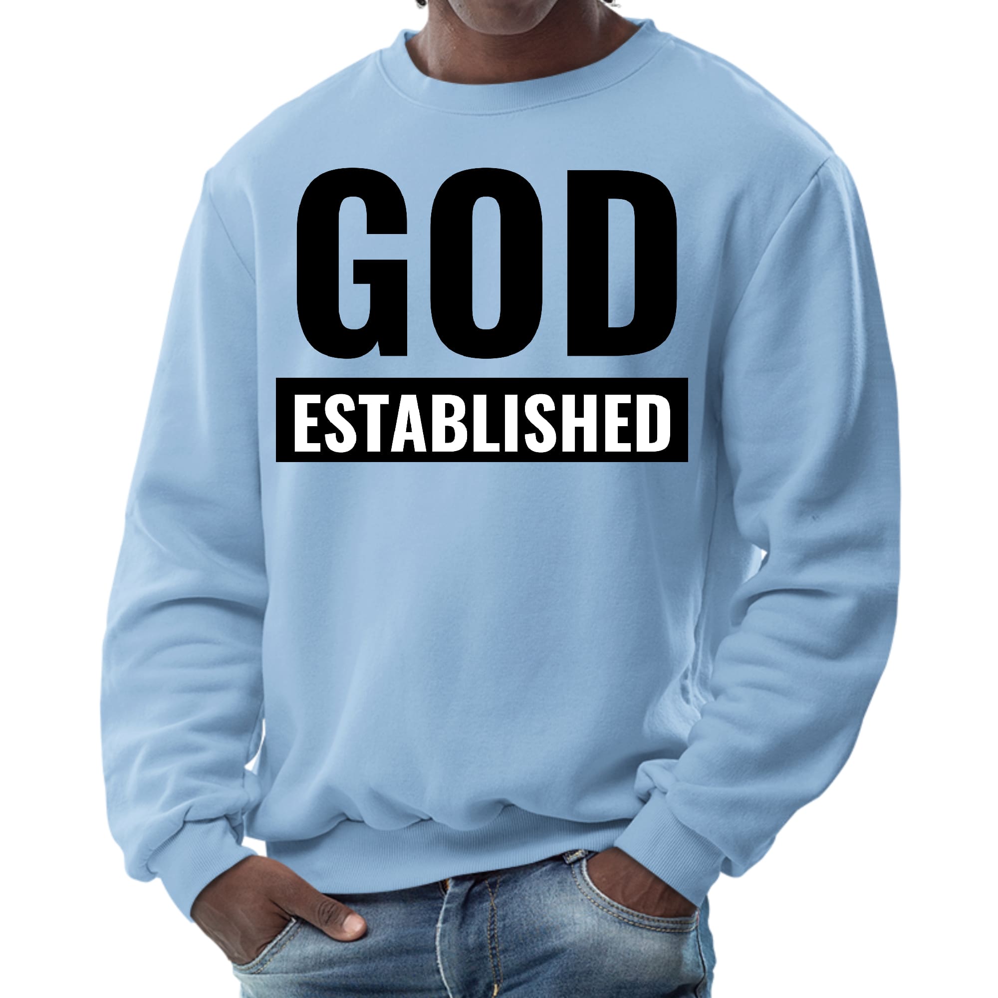 Men's Graphic Sweatshirt featuring God Established black illustration, long sleeve crewneck design, and ribbed collar.