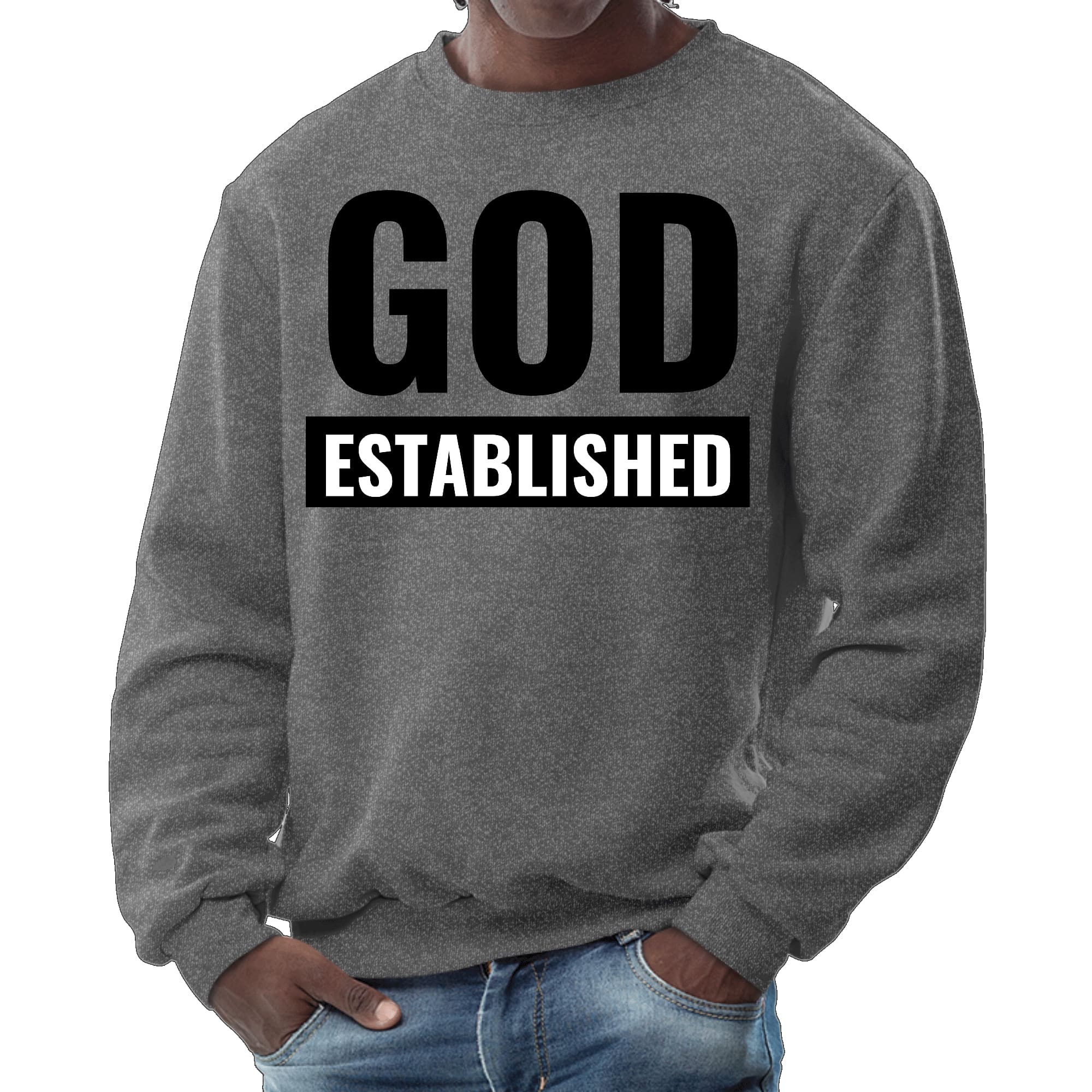 Men's Graphic Sweatshirt featuring God Established black illustration, long sleeve crewneck design, and ribbed collar.