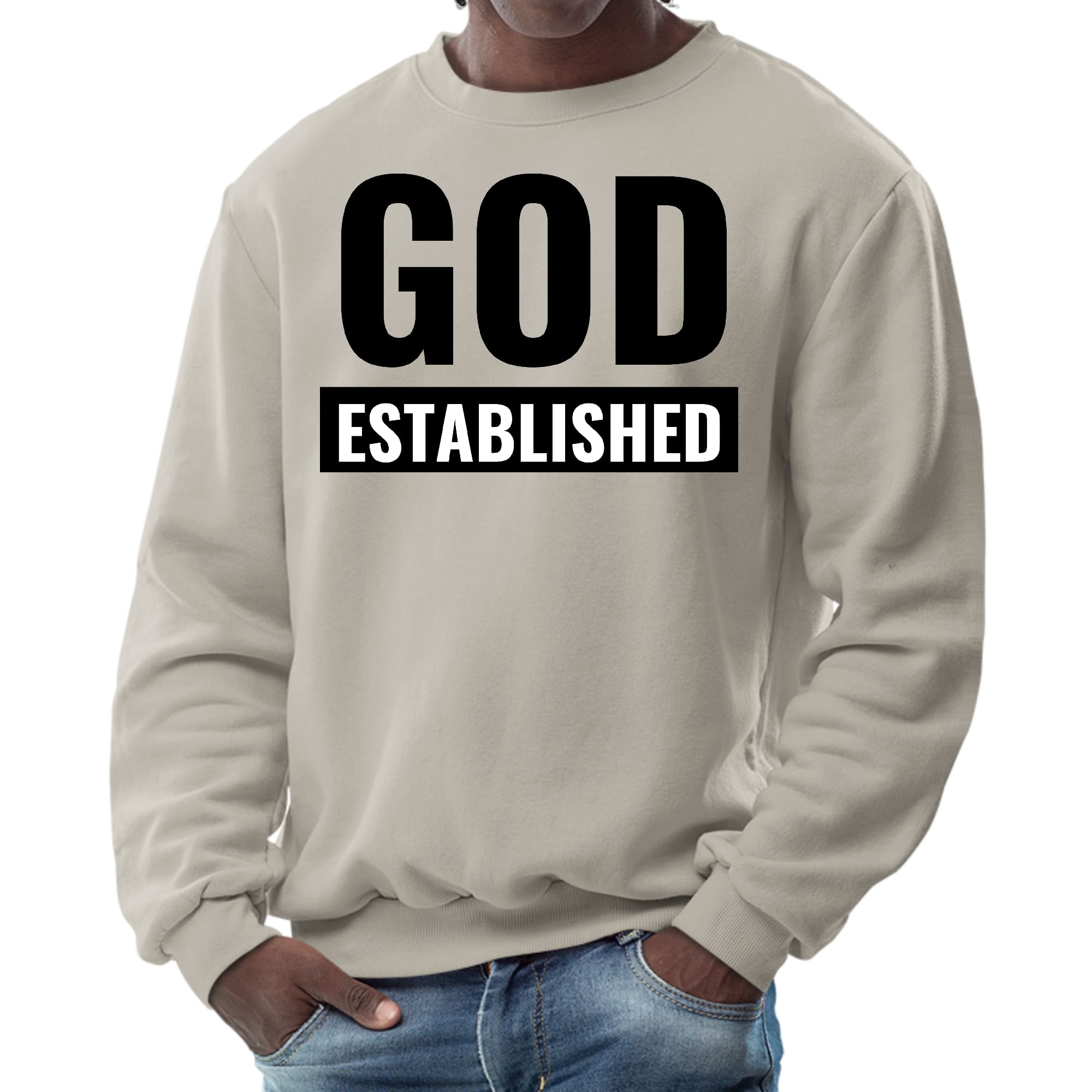 Men's Graphic Sweatshirt featuring God Established black illustration, long sleeve crewneck design, and ribbed collar.