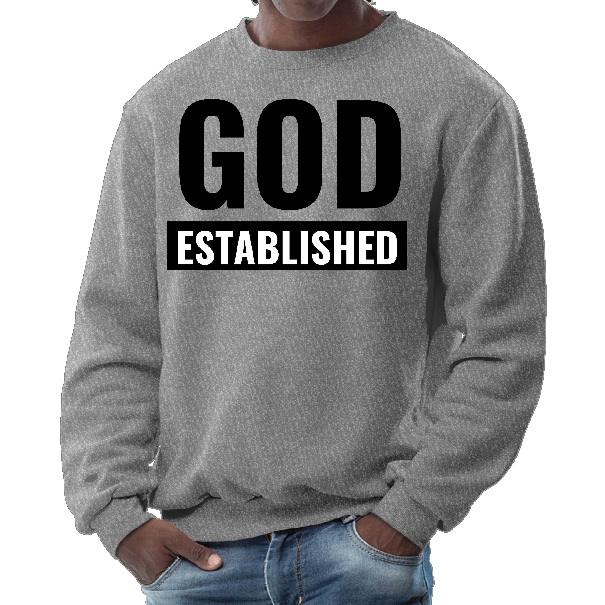 Men's Graphic Sweatshirt featuring God Established black illustration, long sleeve crewneck design, and ribbed collar.