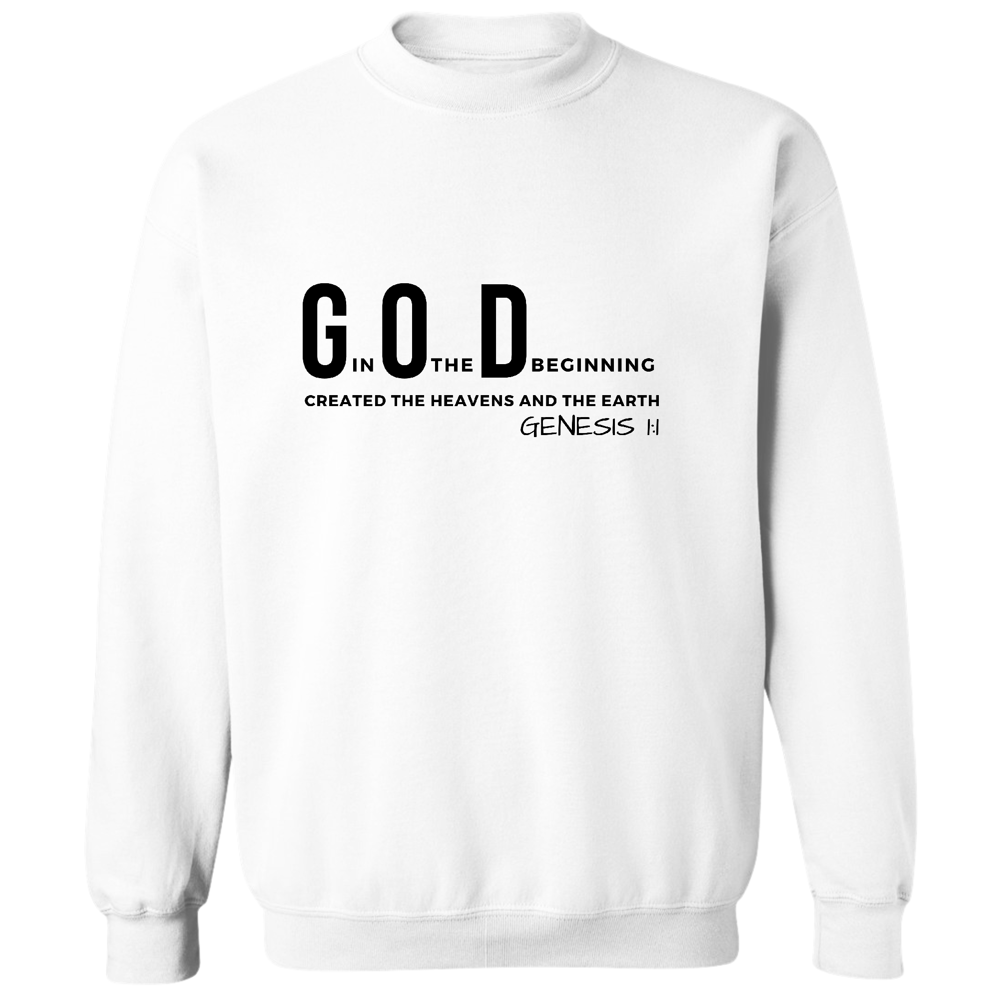 Men's black graphic sweatshirt featuring 'God in the Beginning' print, showcasing a comfortable crewneck design.