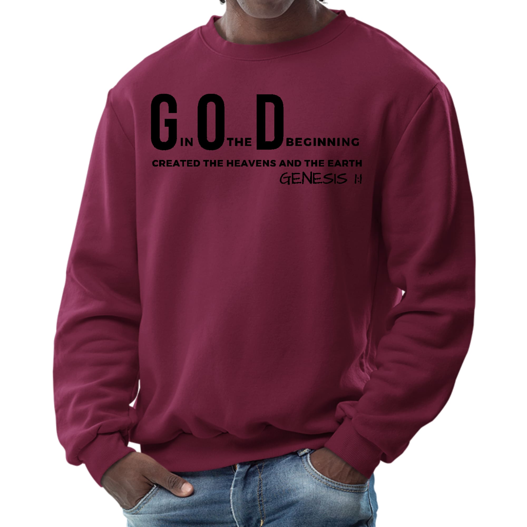 Men's black graphic sweatshirt featuring 'God in the Beginning' print, showcasing a comfortable crewneck design.