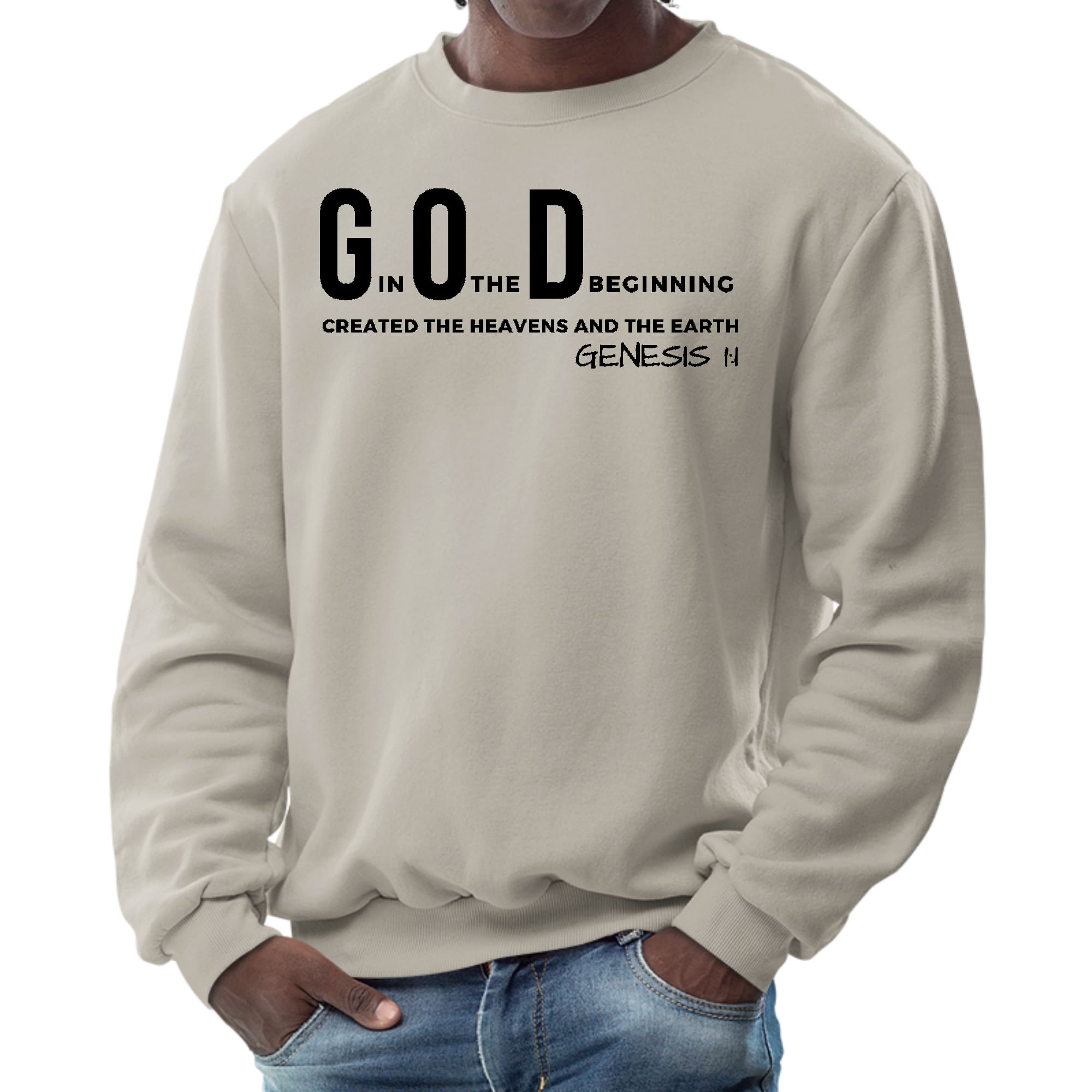 Men's black graphic sweatshirt featuring 'God in the Beginning' print, showcasing a comfortable crewneck design.