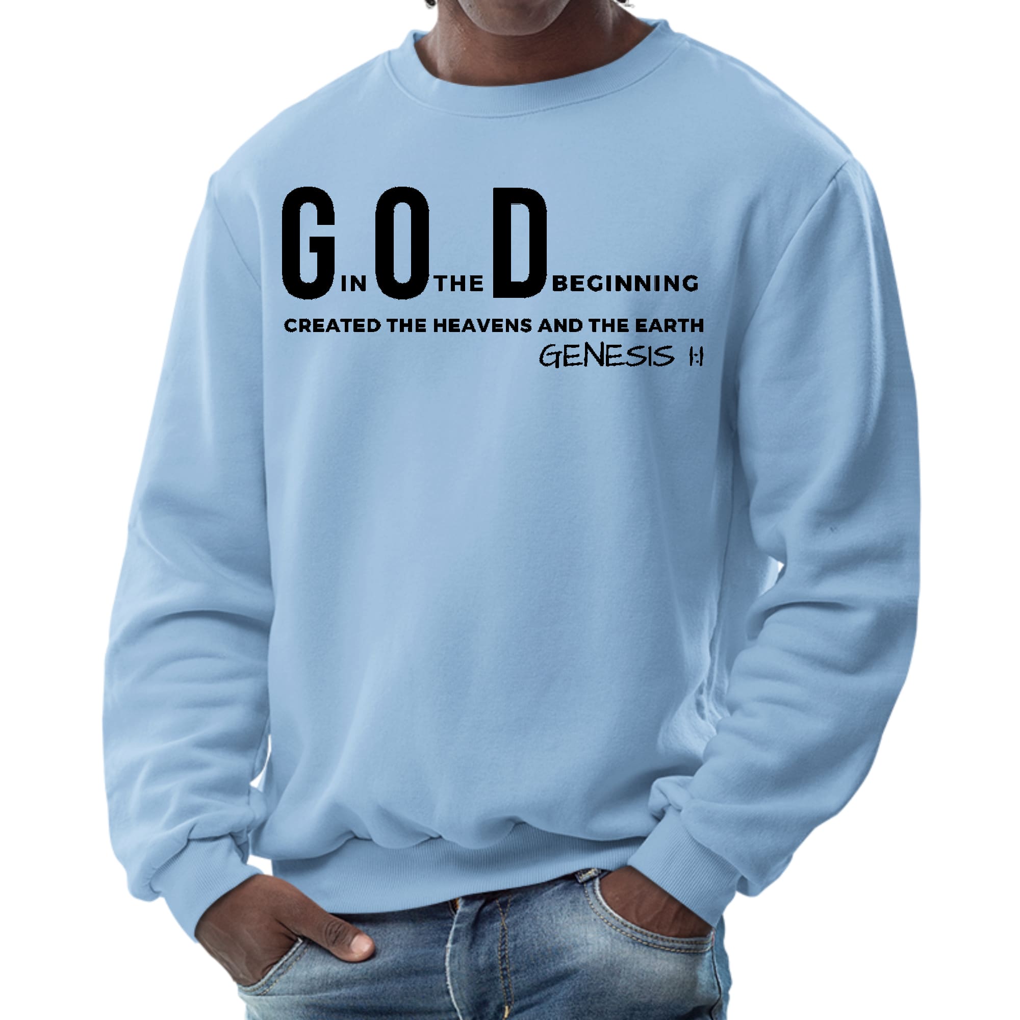 Men's black graphic sweatshirt featuring 'God in the Beginning' print, showcasing a comfortable crewneck design.