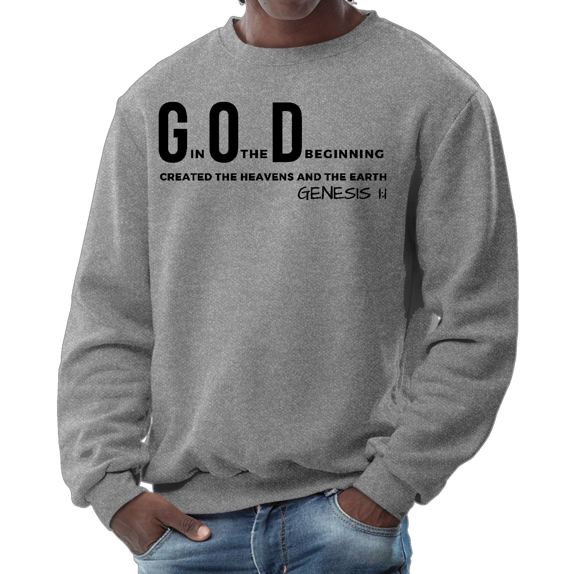 Men's black graphic sweatshirt featuring 'God in the Beginning' print, showcasing a comfortable crewneck design.