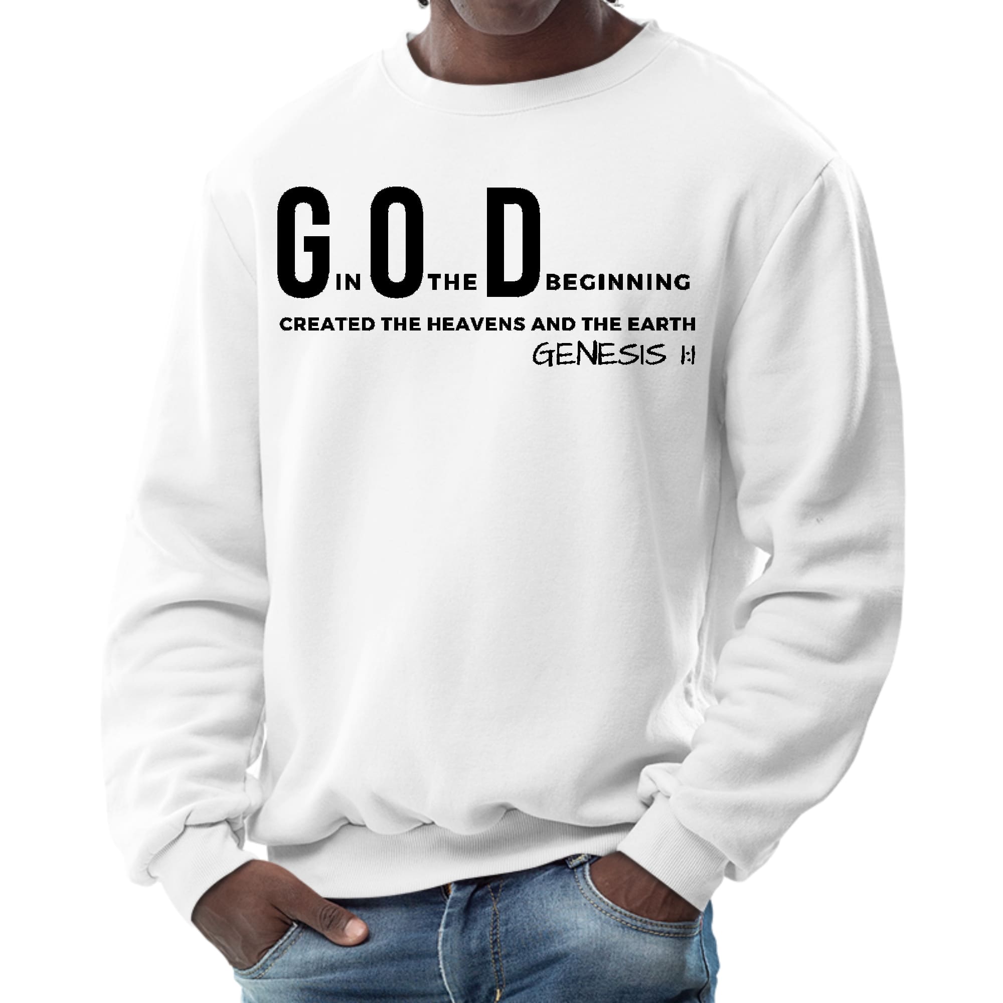 Men's black graphic sweatshirt featuring 'God in the Beginning' print, showcasing a comfortable crewneck design.