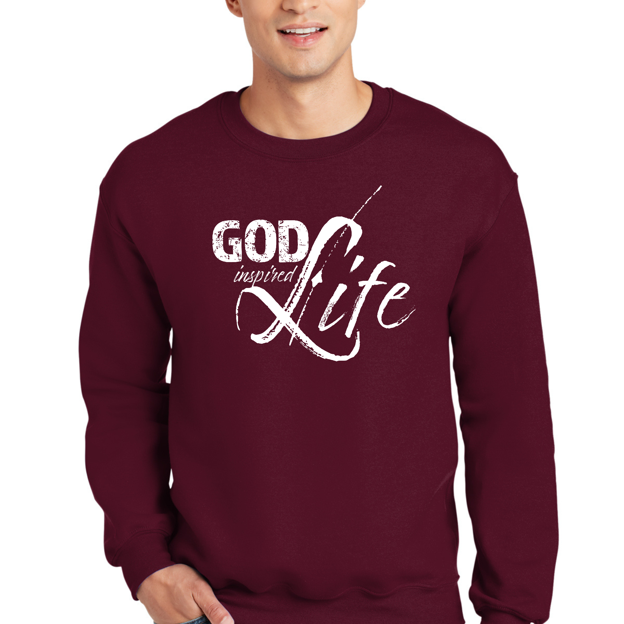 Men's Graphic Sweatshirt featuring 'God Inspired Life' inspirational quote, showcasing a comfortable crewneck design and ribbed details.