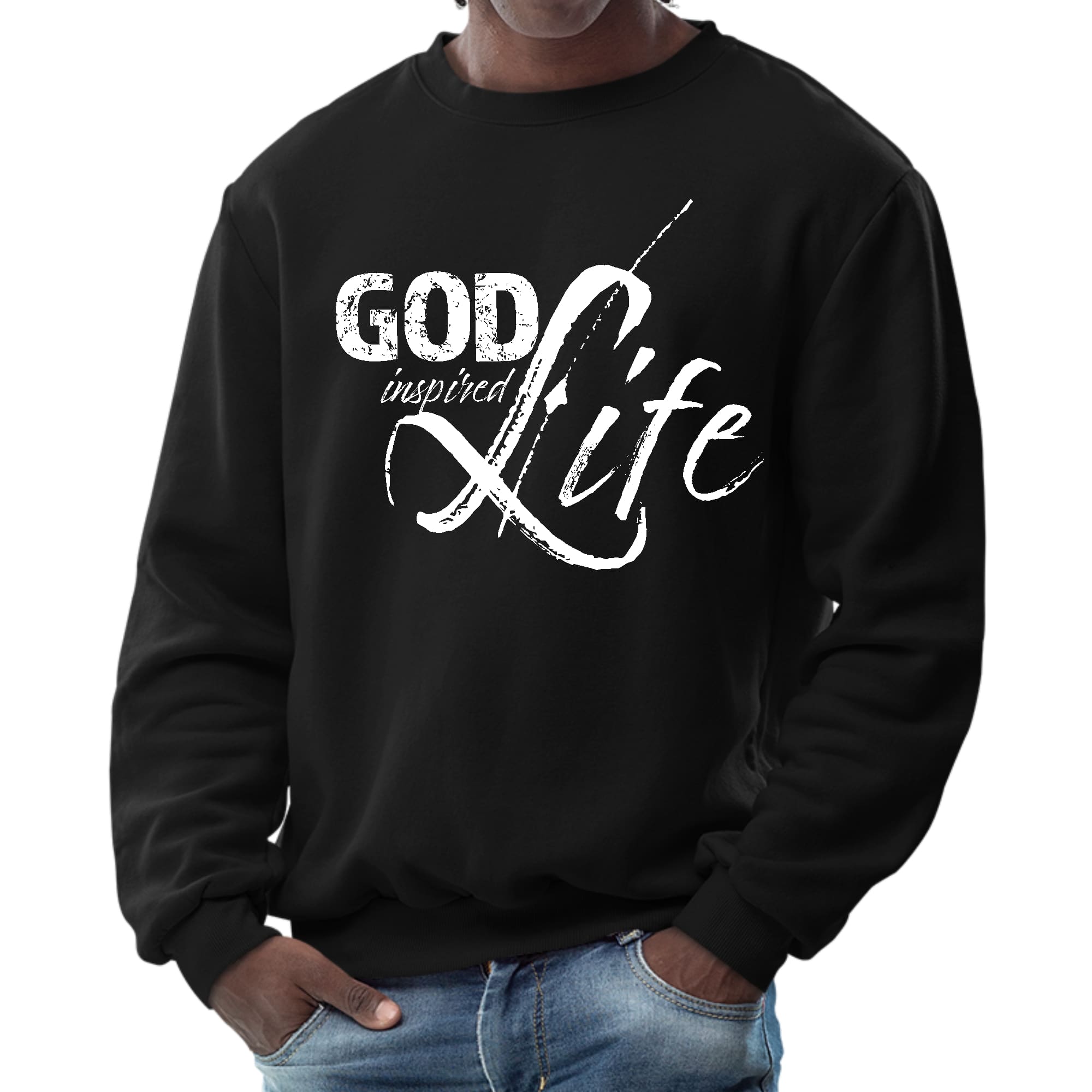 Men's Graphic Sweatshirt featuring 'God Inspired Life' inspirational quote, showcasing a comfortable crewneck design and ribbed details.