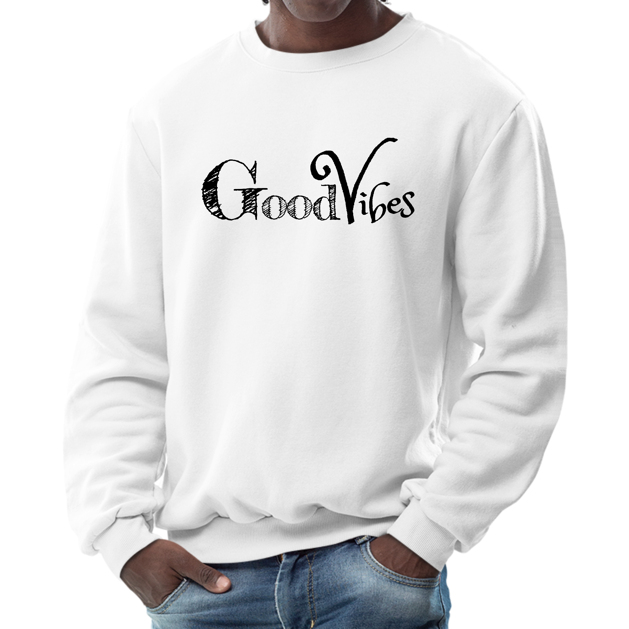 Men's Graphic Sweatshirt featuring Good Vibes black print, showcasing a cozy fleece design and classic crewneck style.