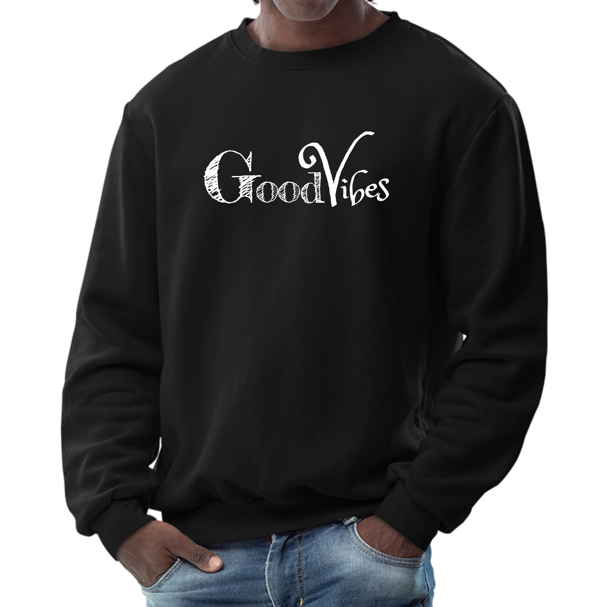 Men's Graphic Sweatshirt featuring a Good Vibes white print, showcasing a cozy fleece design and classic crewneck style.