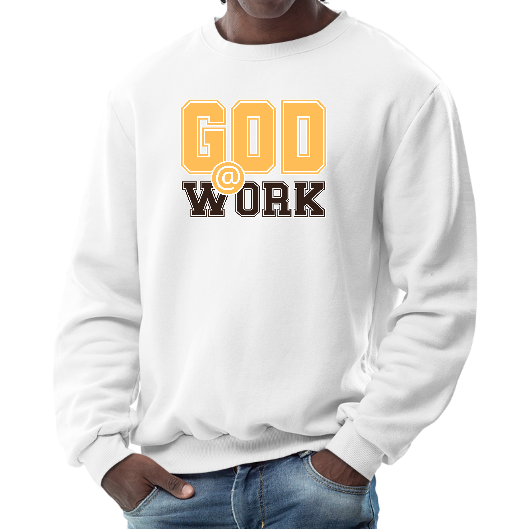 Men's graphic sweatshirt in golden yellow and brown with God @ Work print, featuring long sleeves and ribbed details.