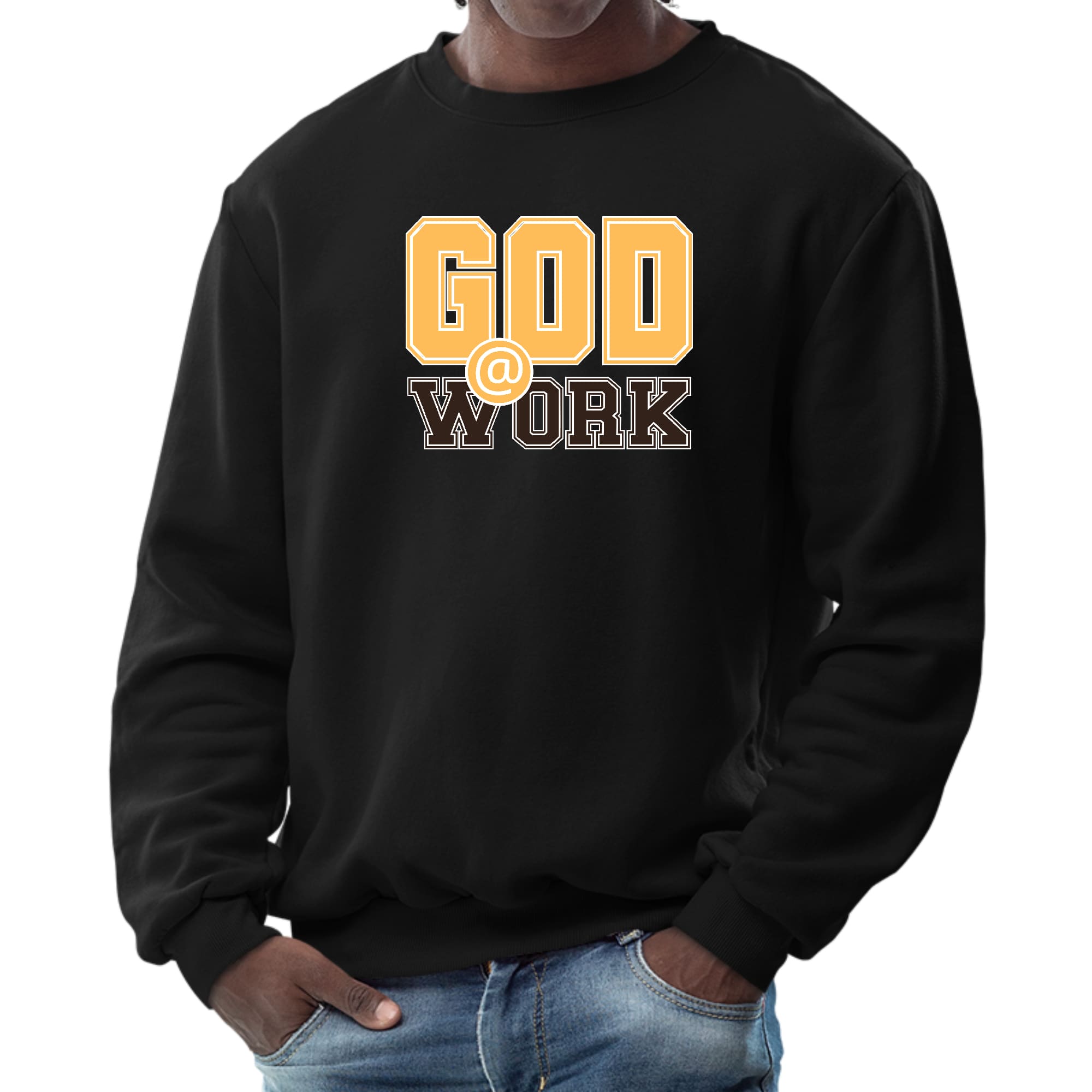 Men's graphic sweatshirt in golden yellow and brown with God @ Work print, featuring long sleeves and ribbed details.