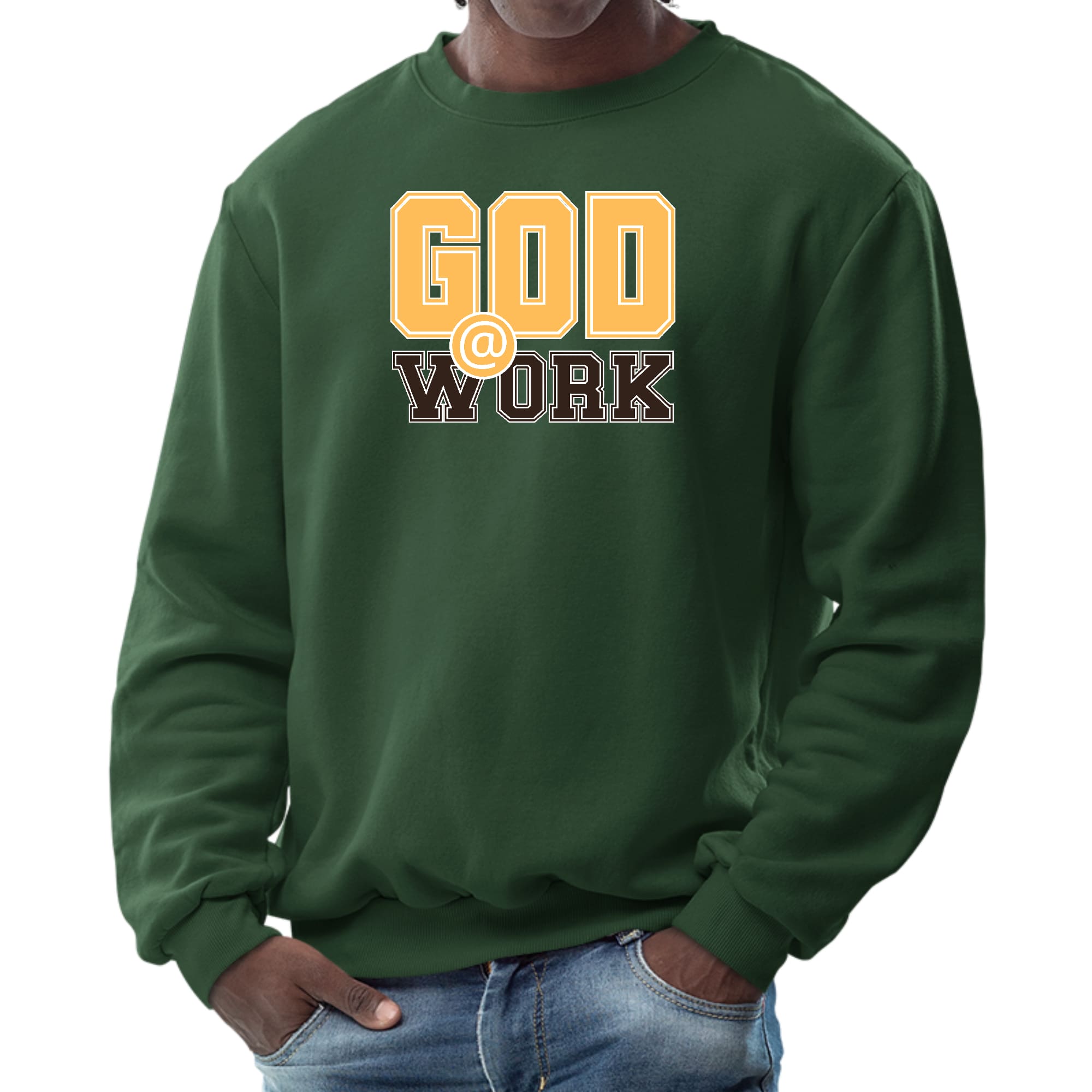 Men's graphic sweatshirt in golden yellow and brown with God @ Work print, featuring long sleeves and ribbed details.