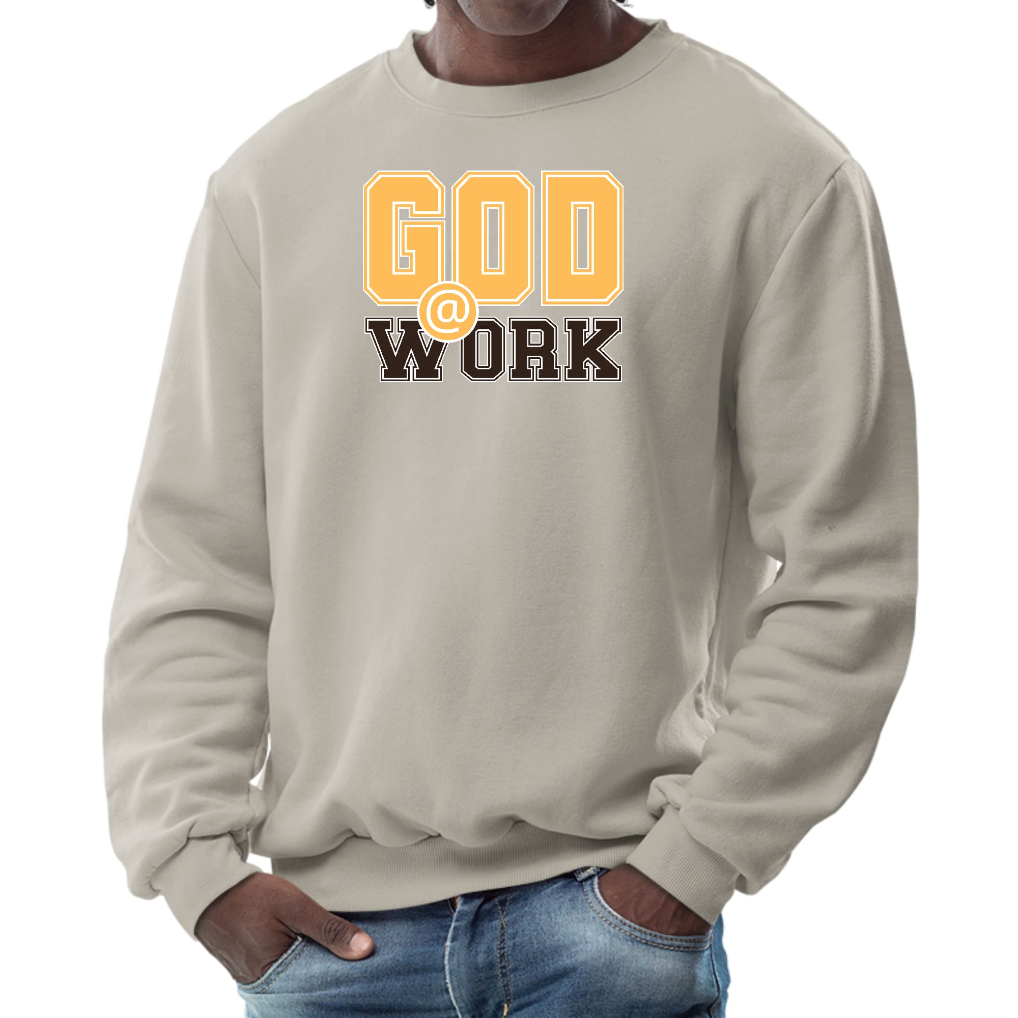 Men's graphic sweatshirt in golden yellow and brown with God @ Work print, featuring long sleeves and ribbed details.