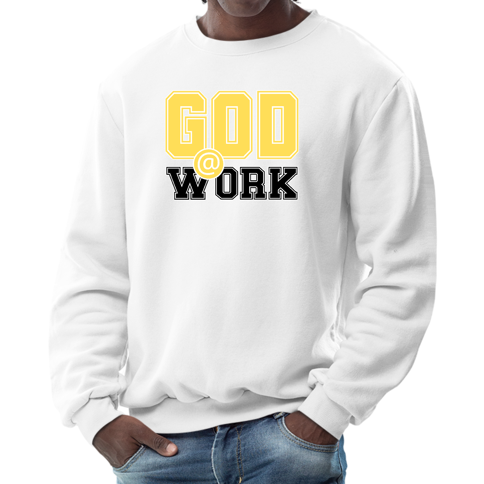 Men's Graphic Sweatshirt in yellow and black with 'God @ Work' print, showcasing long sleeves and ribbed details.