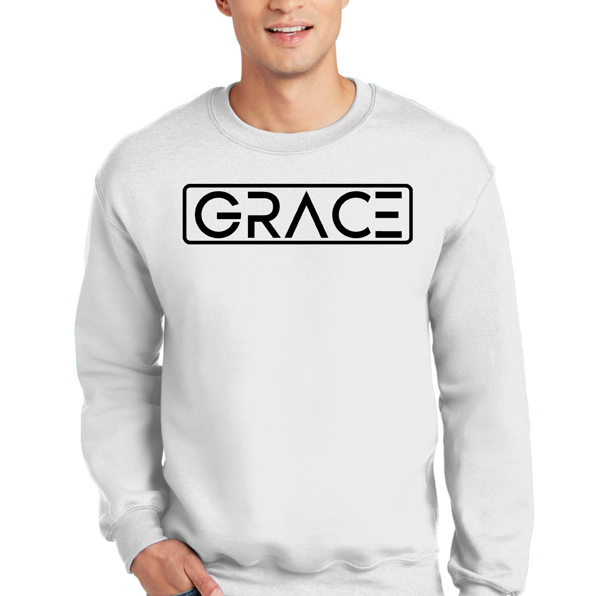 Mens Graphic Sweatshirt featuring a Grace Christian black illustration, showcasing a stylish and comfortable design.