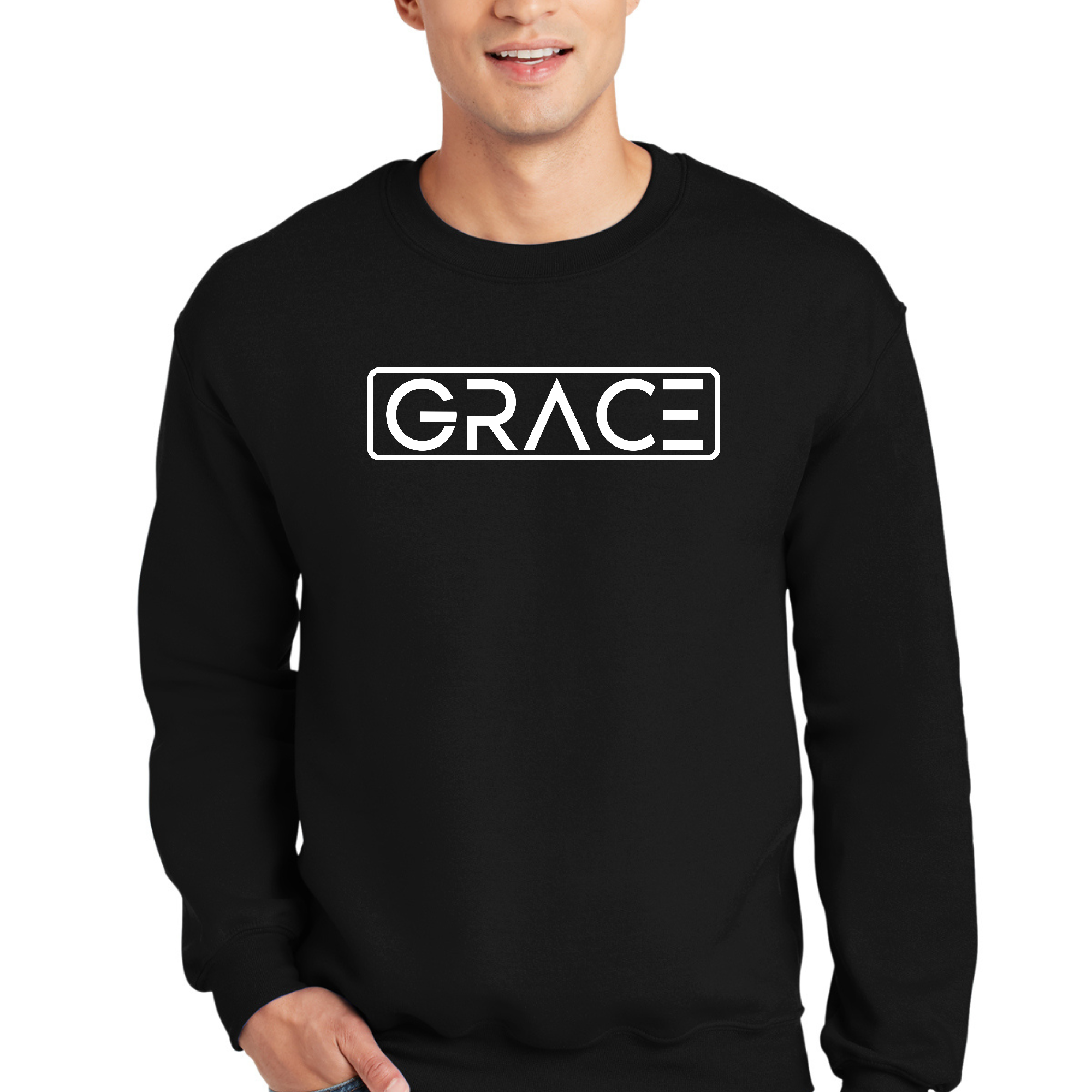 Mens Graphic Sweatshirt, Grace featuring a comfortable crewneck design, ribbed cuffs, and a stylish graphic print.