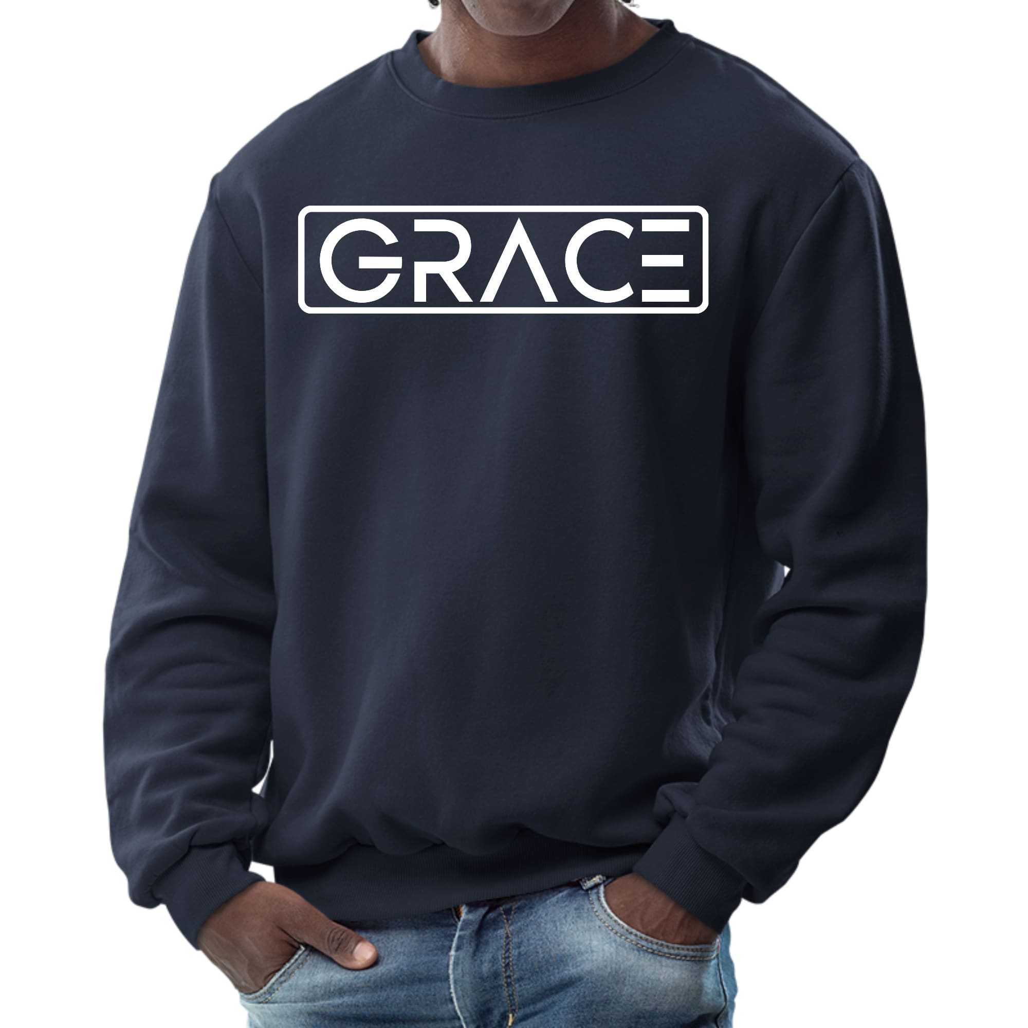 Mens Graphic Sweatshirt, Grace featuring a comfortable crewneck design, ribbed cuffs, and a stylish graphic print.