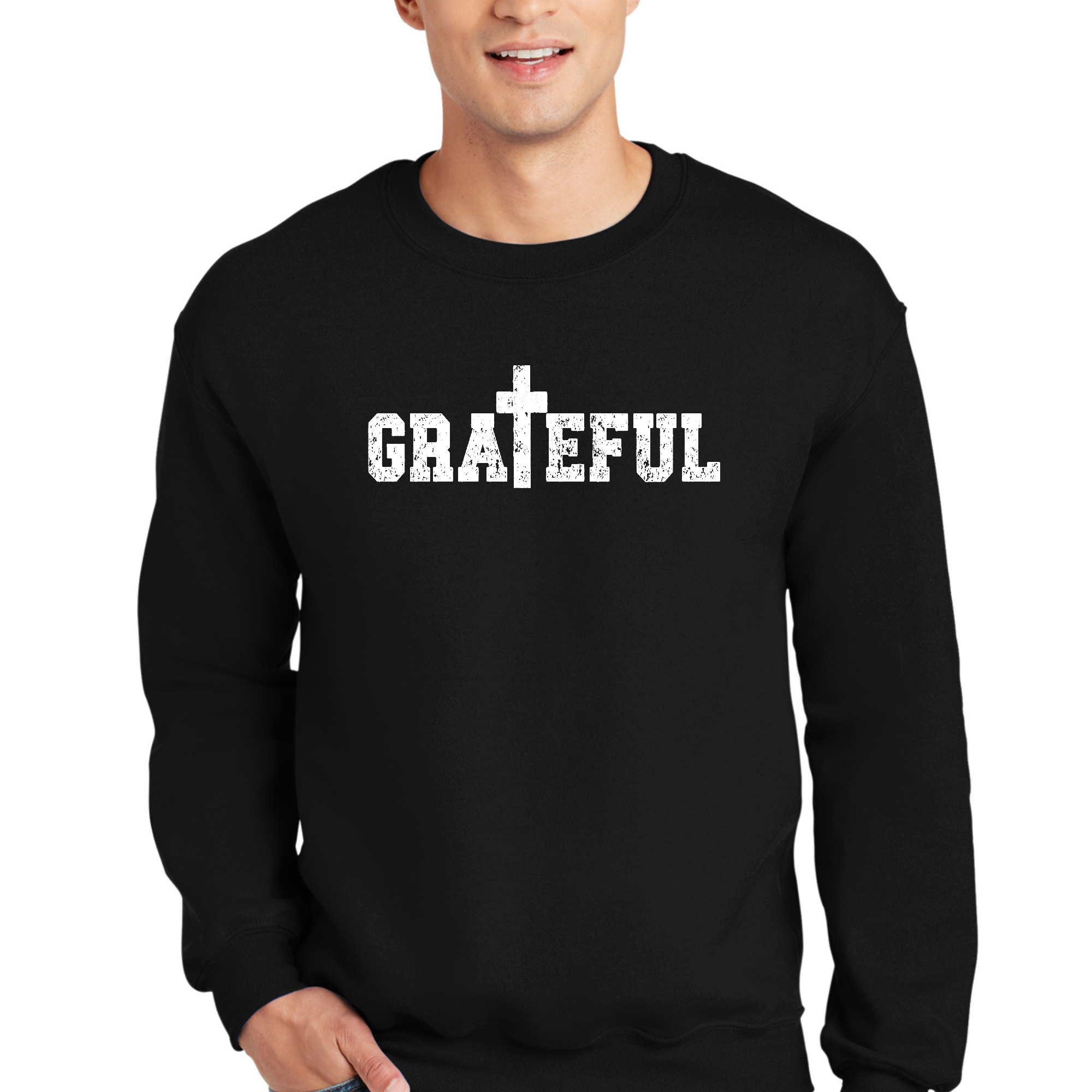 Men's long sleeve crewneck sweatshirt with a Grateful Print, featuring ribbed collar and cuffs, made from durable cotton-polyester blend.