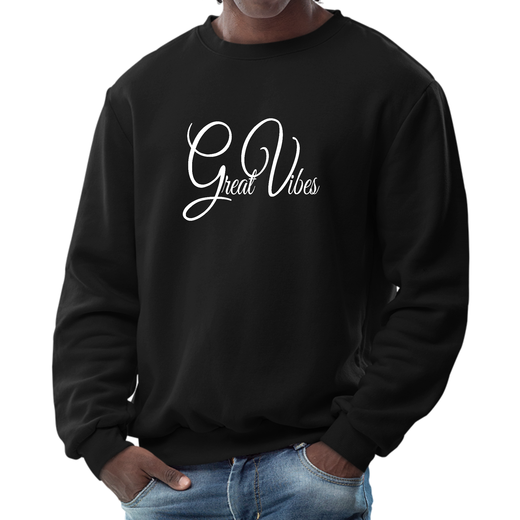 Men's Graphic Sweatshirt in Great Vibes design, featuring a crewneck and long sleeves, made from durable cotton-polyester blend.