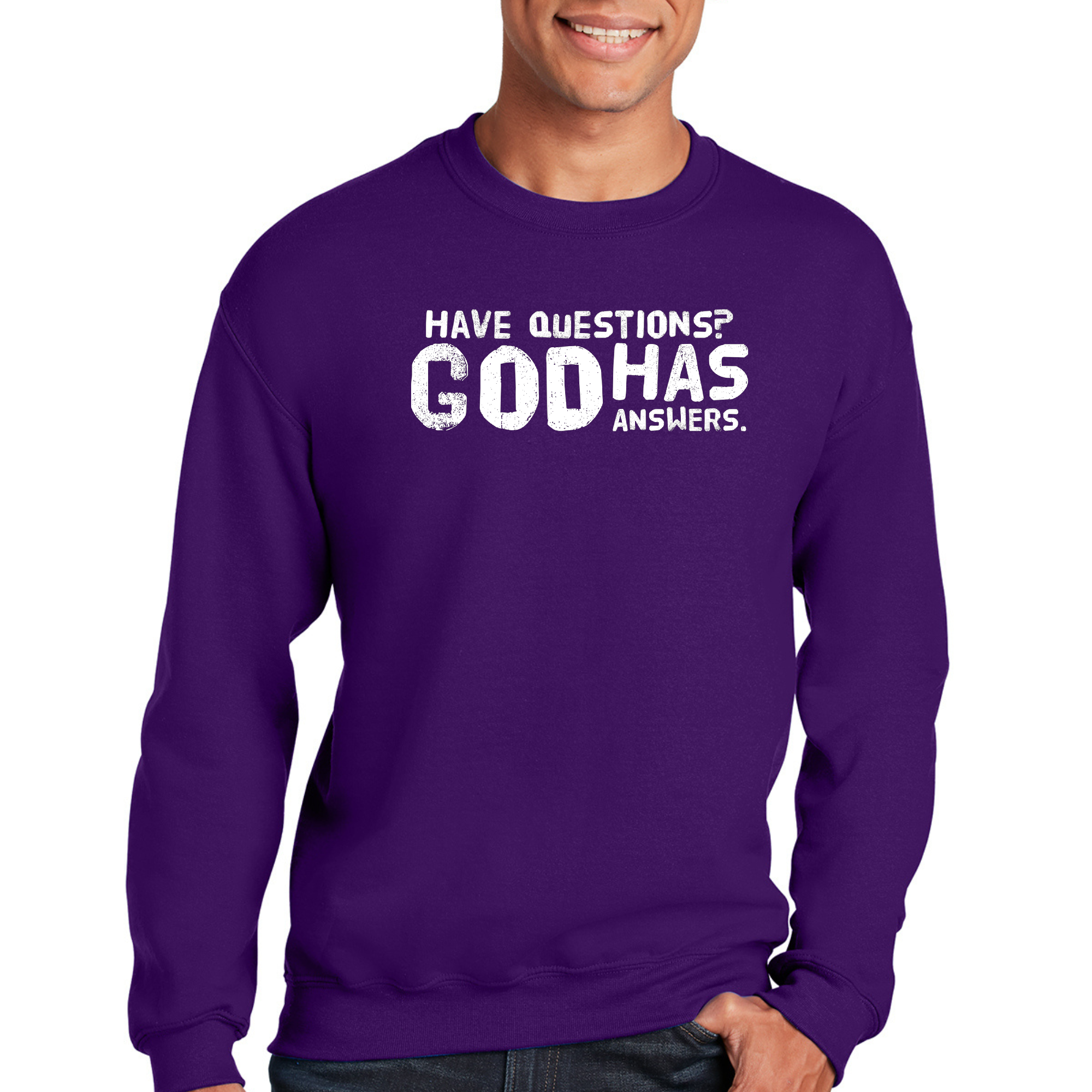 Men's Graphic Sweatshirt with 'Questions God has Answers' print, featuring a comfortable crewneck design and ribbed cuffs.