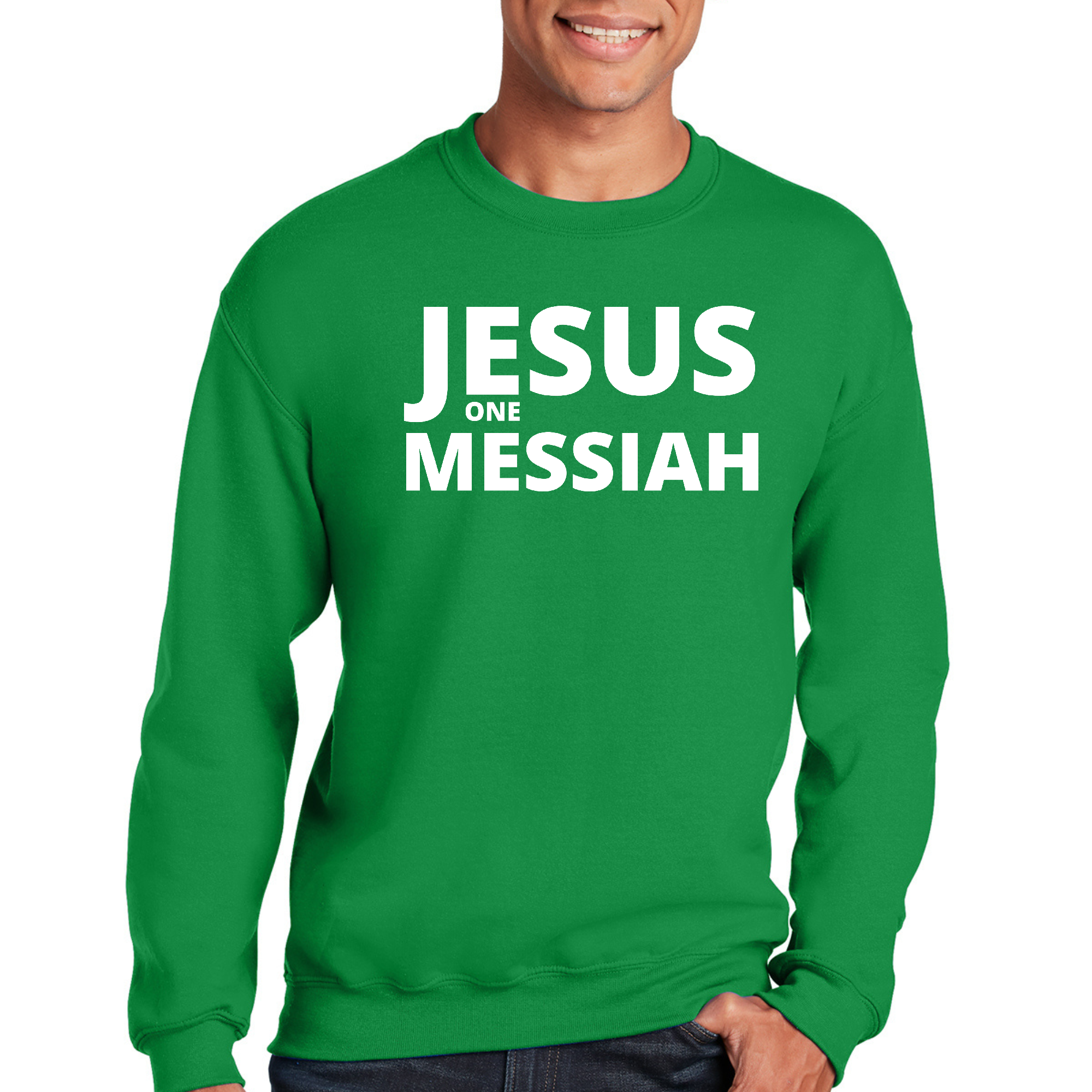 Men's Graphic Sweatshirt featuring 'Jesus One Messiah' design, showcasing a comfortable fit and stylish look.