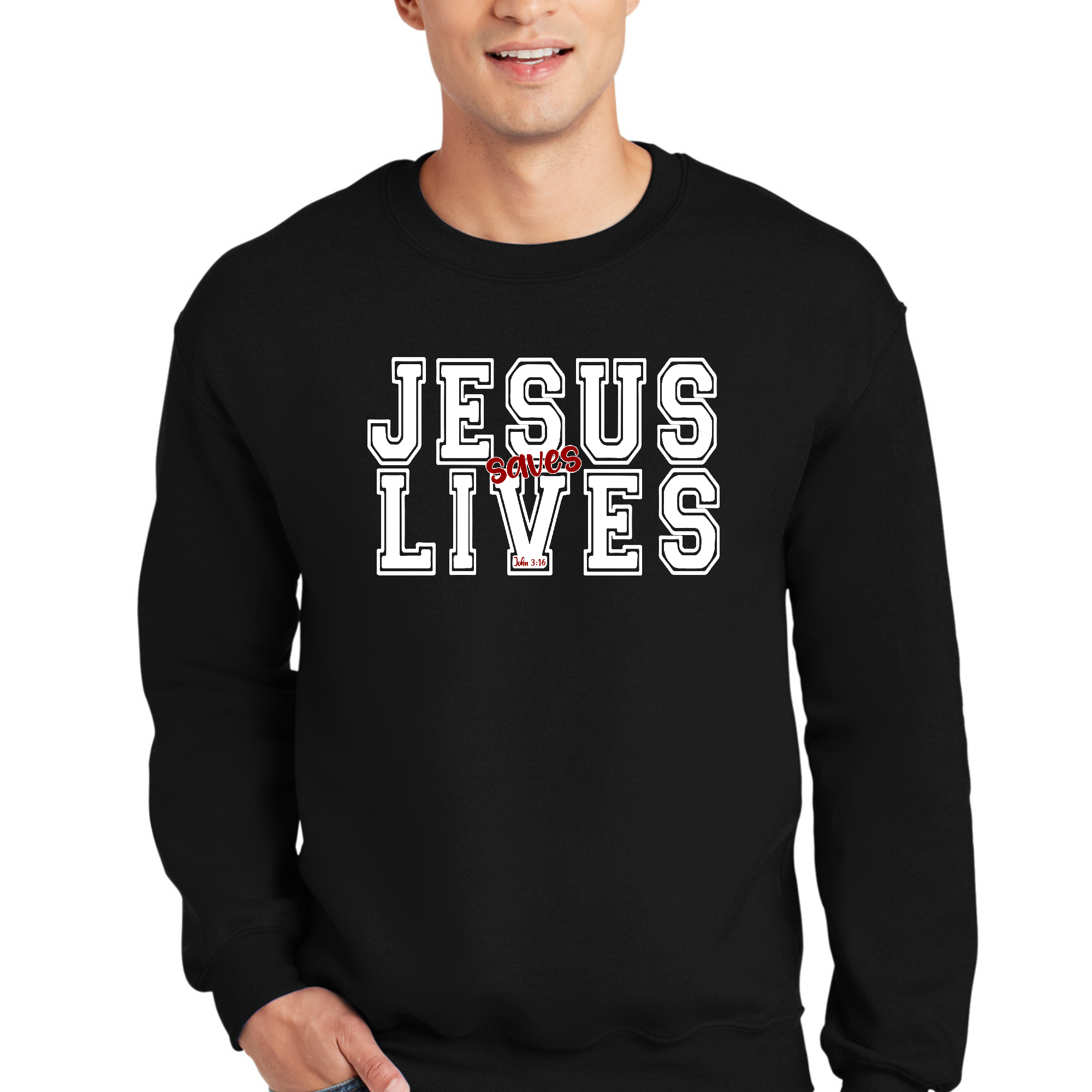 Men's long sleeve crewneck sweatshirt with a bold red 'Jesus Saves Lives' graphic illustration on a white background.