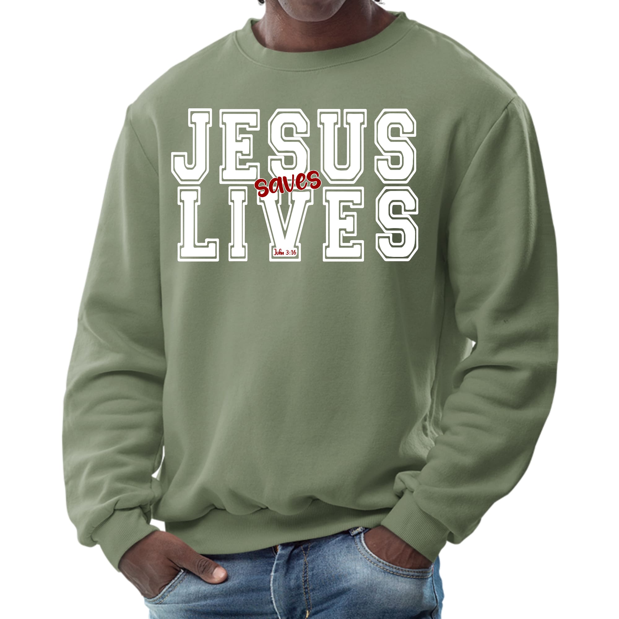 Men's long sleeve crewneck sweatshirt with a bold red 'Jesus Saves Lives' graphic illustration on a white background.