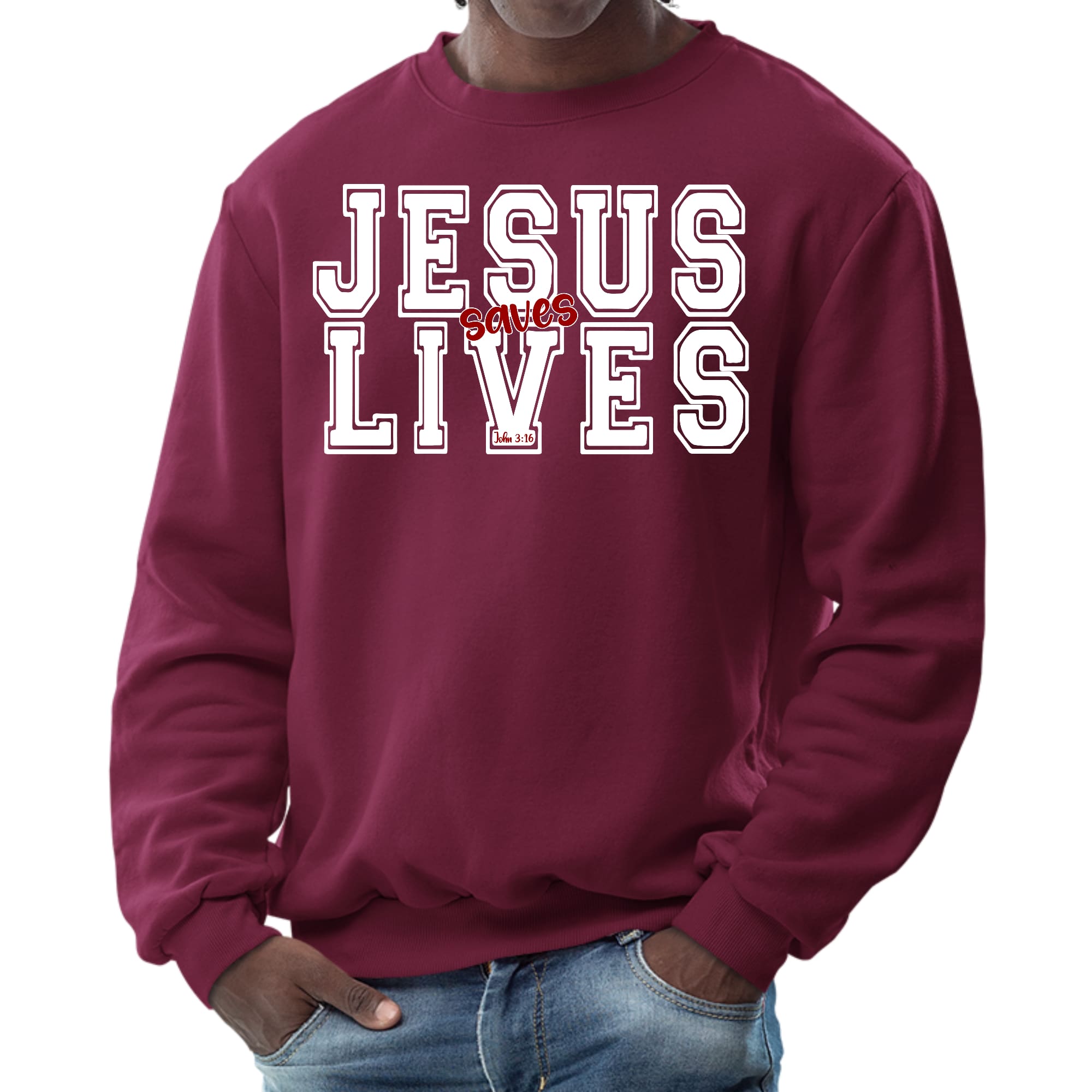 Men's long sleeve crewneck sweatshirt with a bold red 'Jesus Saves Lives' graphic illustration on a white background.