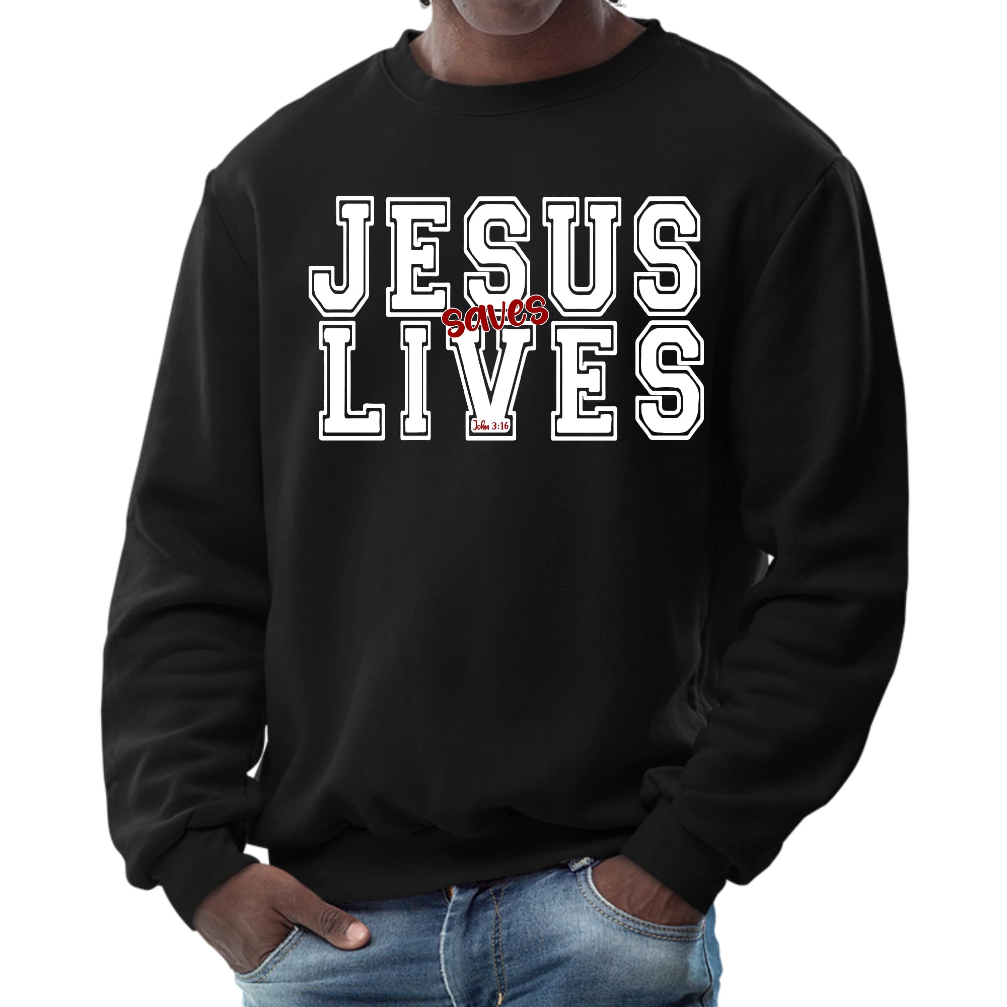 Men's long sleeve crewneck sweatshirt with a bold red 'Jesus Saves Lives' graphic illustration on a white background.