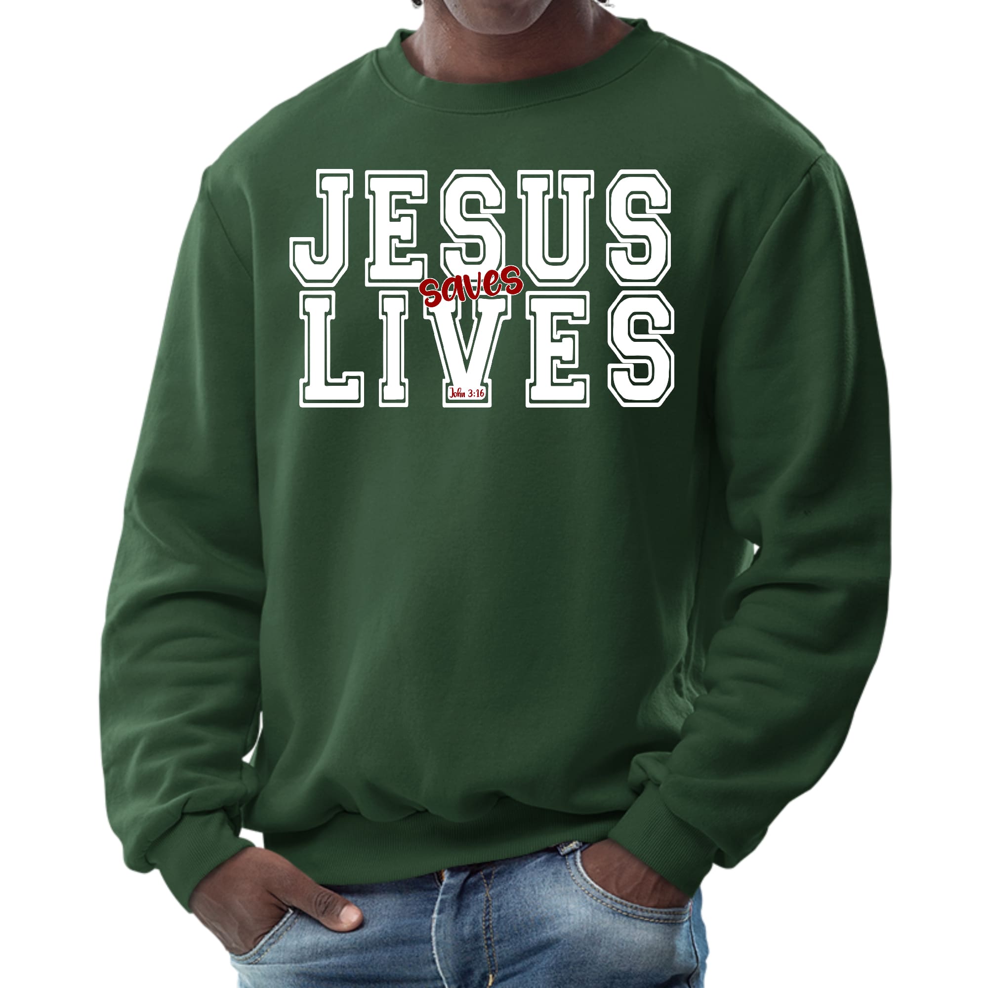 Men's long sleeve crewneck sweatshirt with a bold red 'Jesus Saves Lives' graphic illustration on a white background.